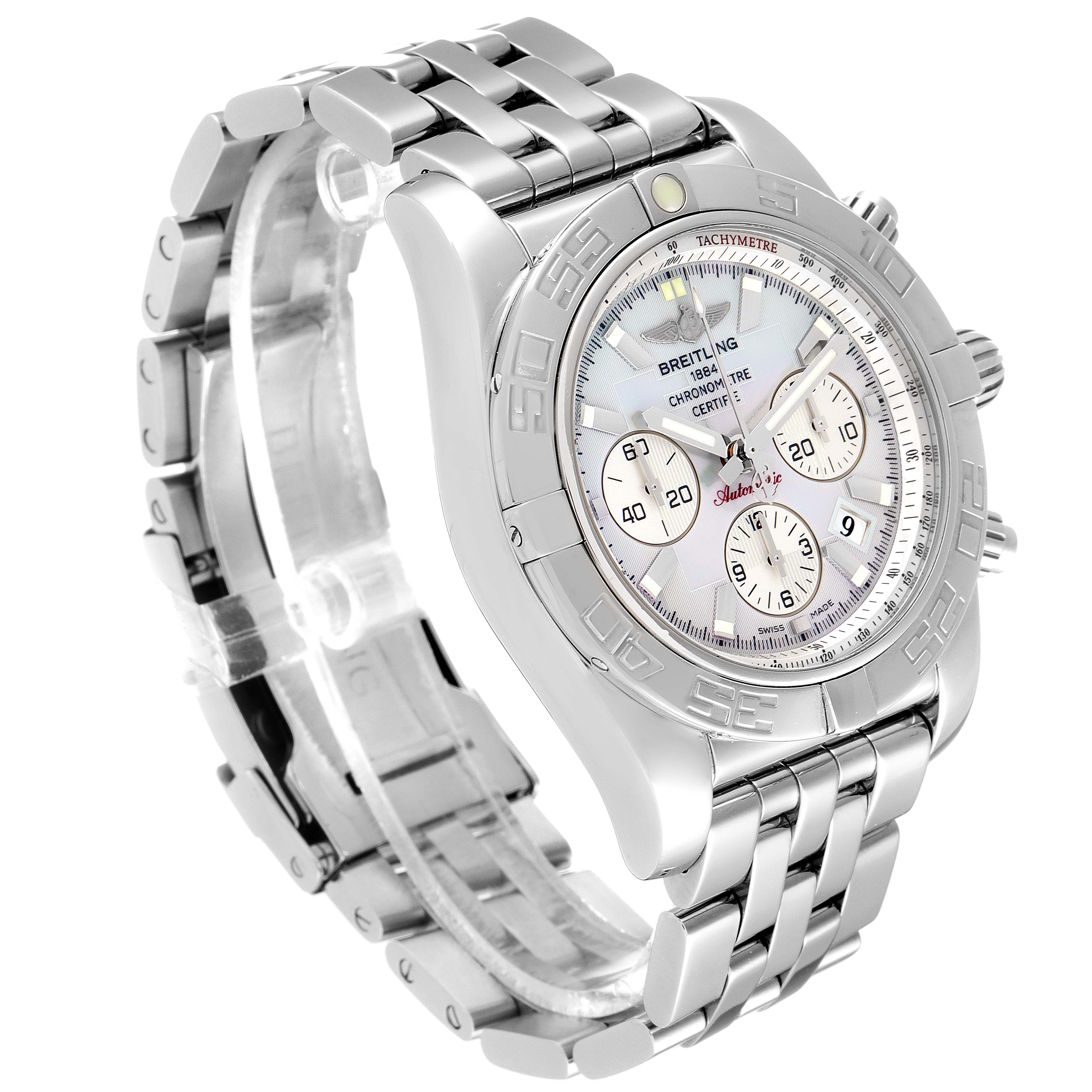 The Breitling Chronomat AB0110 Men's Stainless Steel Mother of Pearl Dial AB0110 Men's Stainless Steel Mother of Pearl Dial watch is shown at a three-quarter angle, highlighting the face, bezel, and stainless steel bracelet.