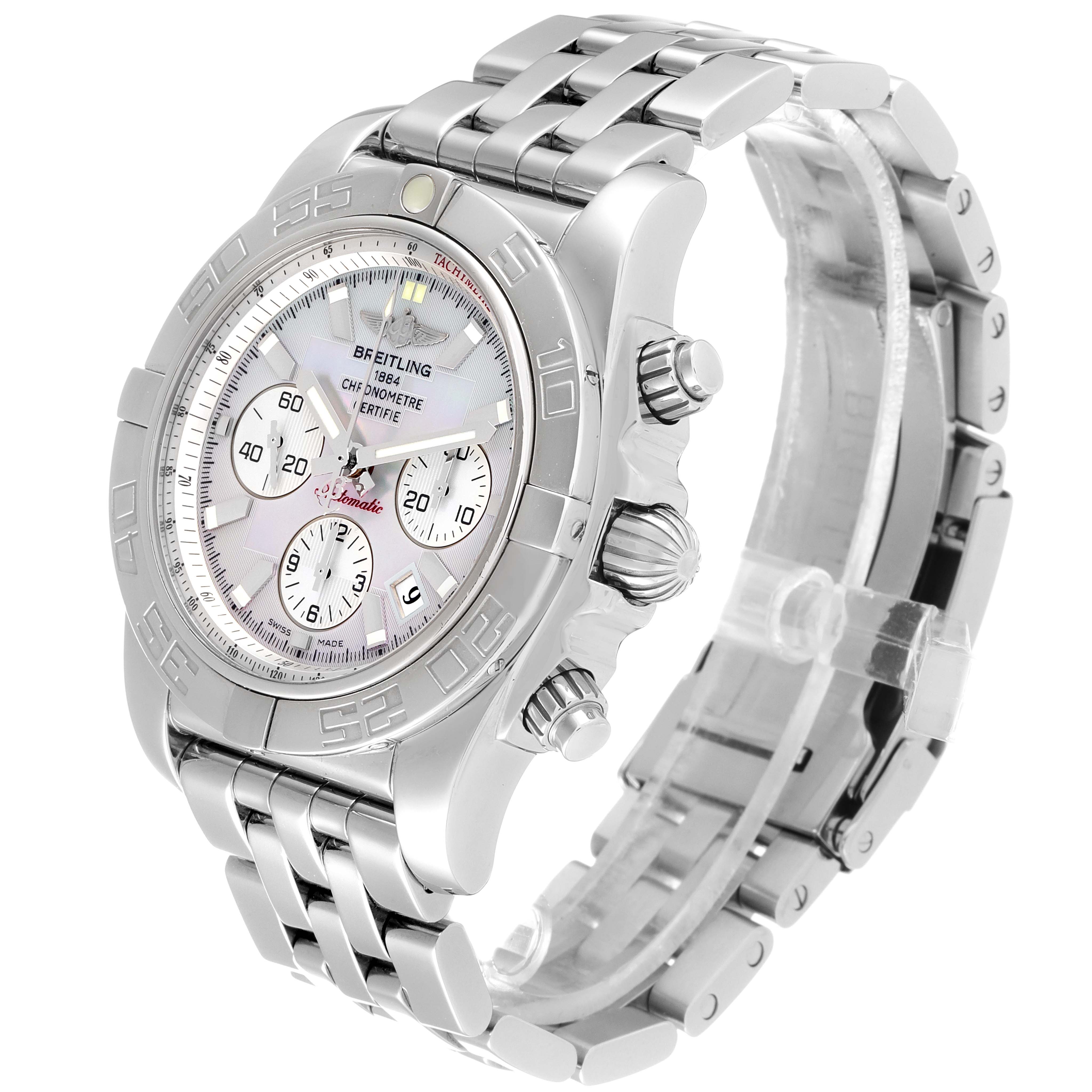 The image shows a side and front angle view of the Breitling Chronomat AB0110 Men's Stainless Steel Mother of Pearl Dial AB0110 Men's Stainless Steel Mother of Pearl Dial watch, highlighting its dial, bezel, and bracelet.