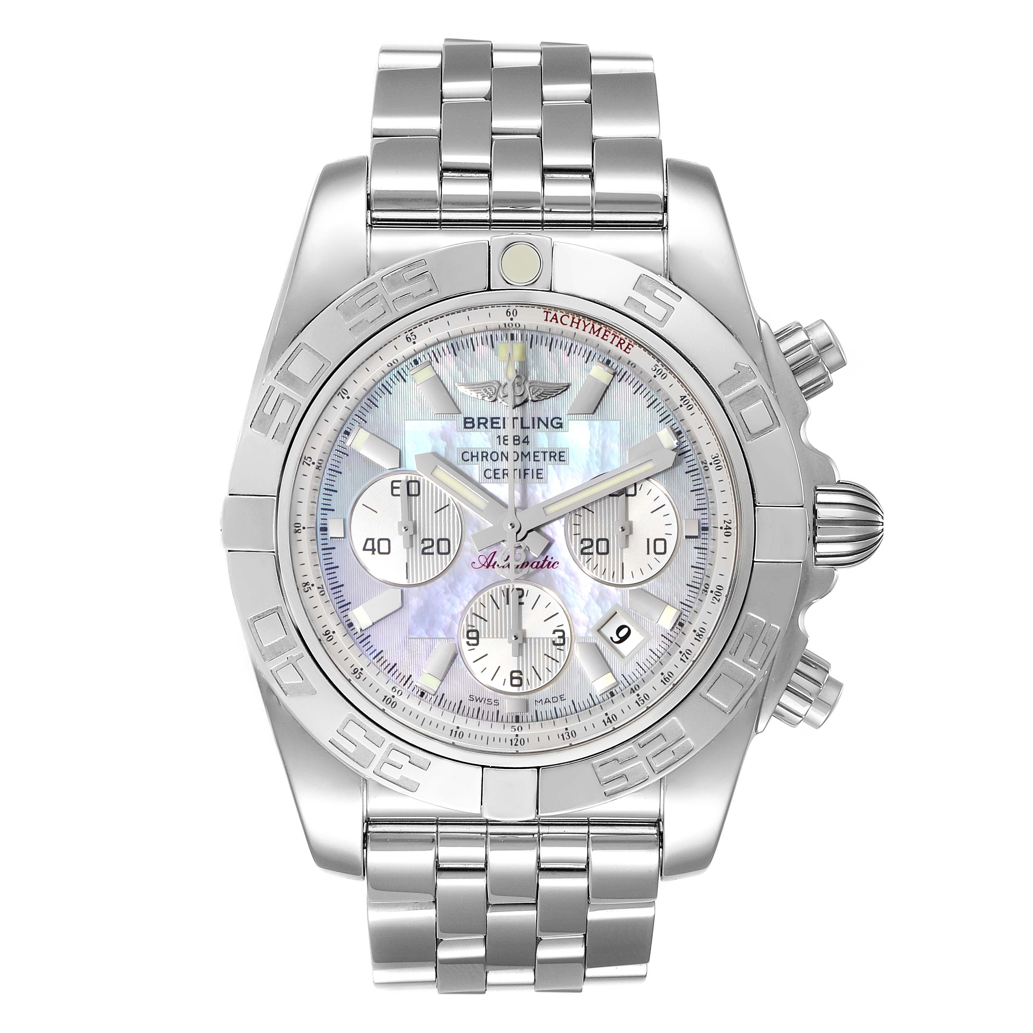 This image shows a front-facing view of the Breitling Chronomat AB0110 Men's Stainless Steel Mother of Pearl Dial AB0110 Men's Stainless Steel Mother of Pearl Dial watch, highlighting its dial, bezel, and bracelet.