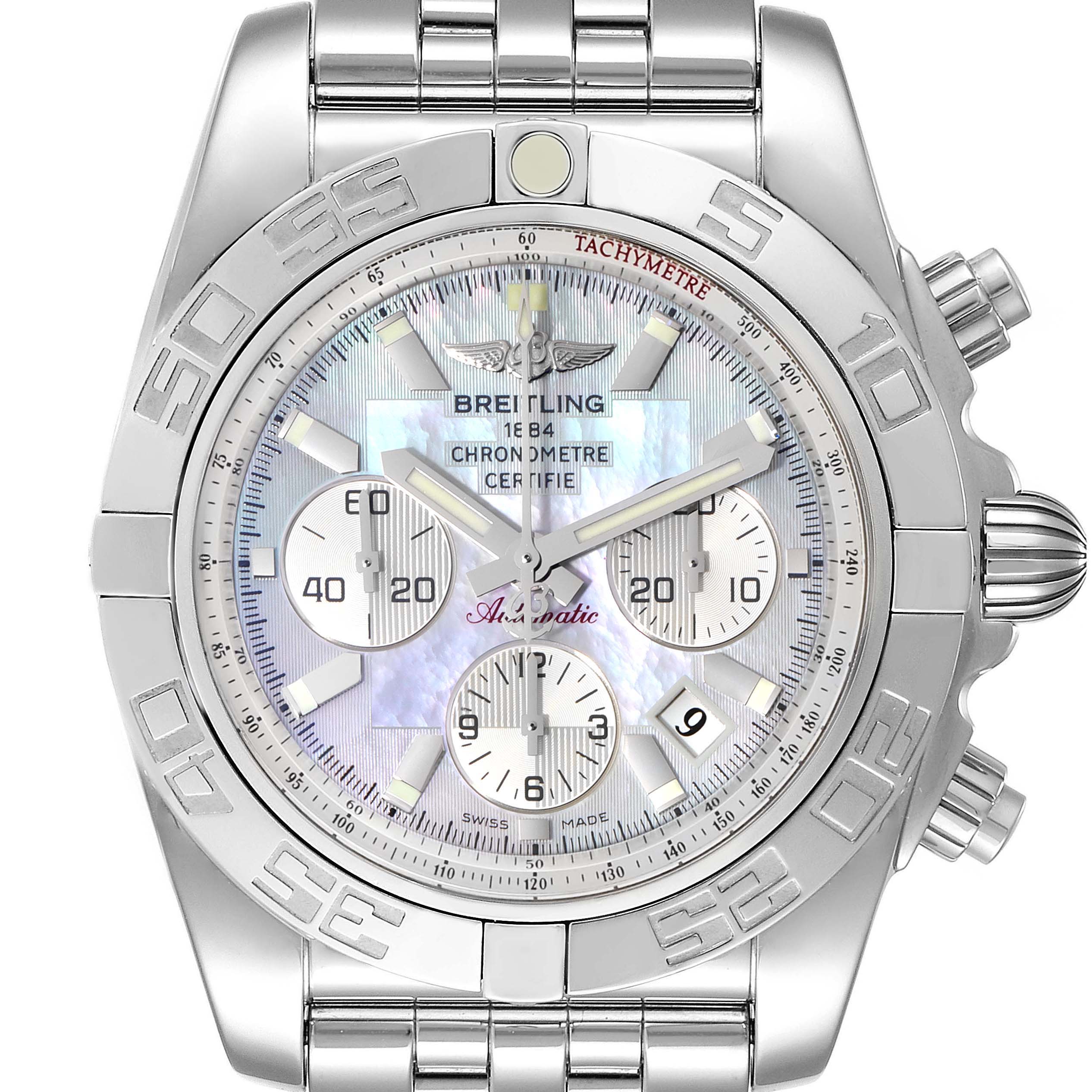 The image shows a frontal view of a Breitling Chronomat AB0110 Men's Stainless Steel Mother of Pearl Dial AB0110 Men's Stainless Steel Mother of Pearl Dial watch, highlighting its dial, bezel, sub-dials, and bracelet.