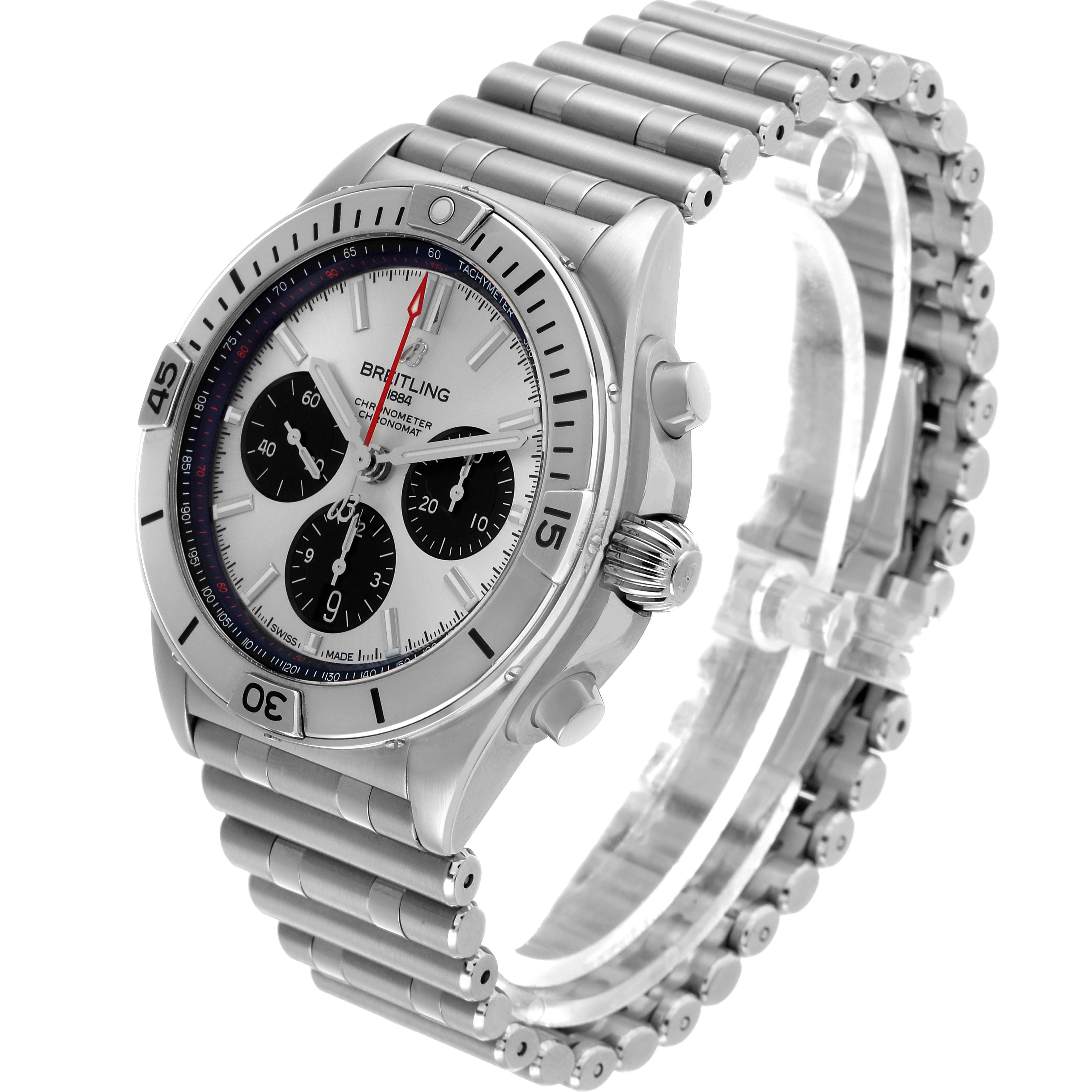 The Breitling Chronomat AB0134 Men's Stainless Steel Silver Dial watch is shown from an angled side view, highlighting the face, bezel, crown, and metal bracelet.