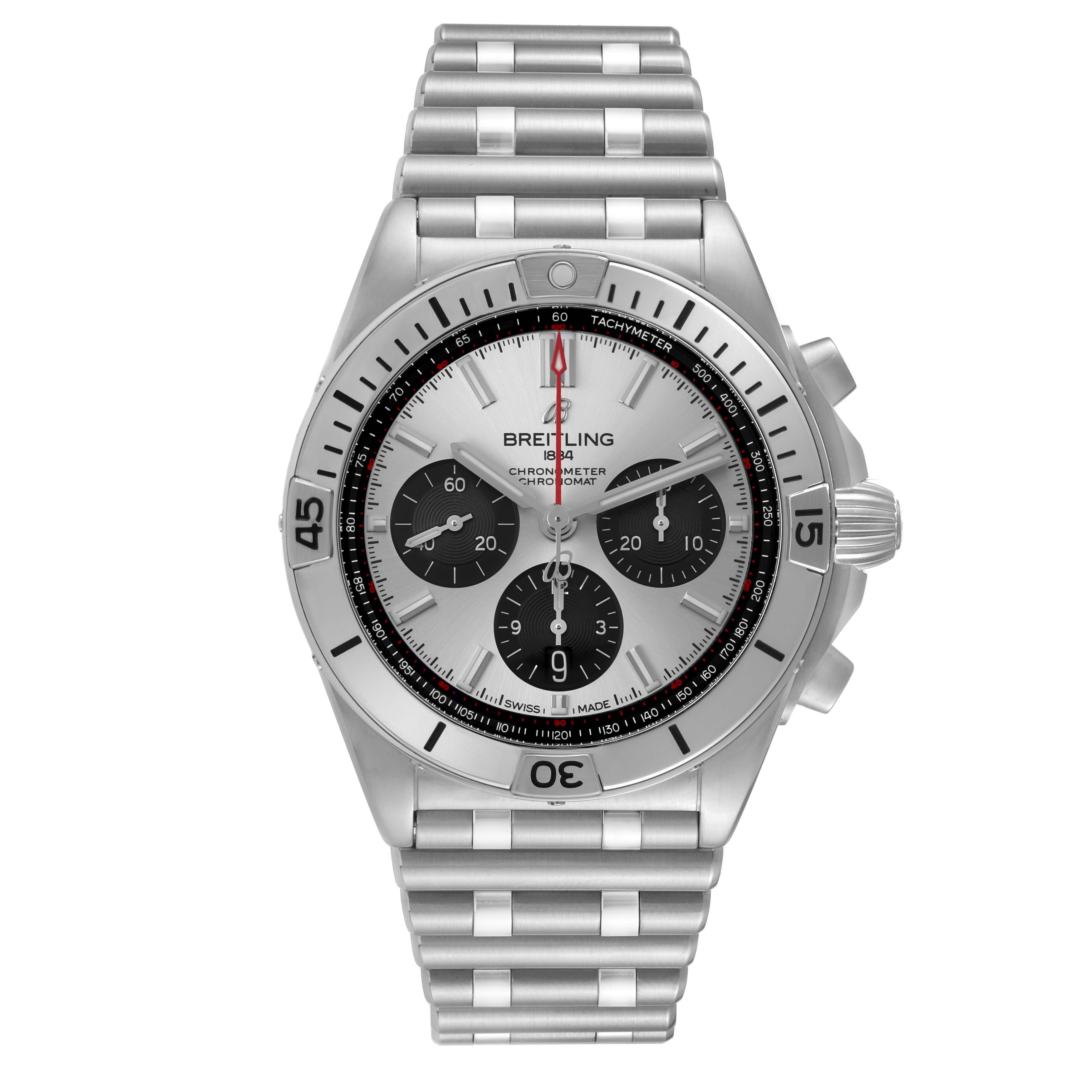 The Breitling Chronomat AB0134 Men's Stainless Steel Silver Dial watch is shown front-facing, displaying the dial, bezel, subdials, and part of the bracelet.