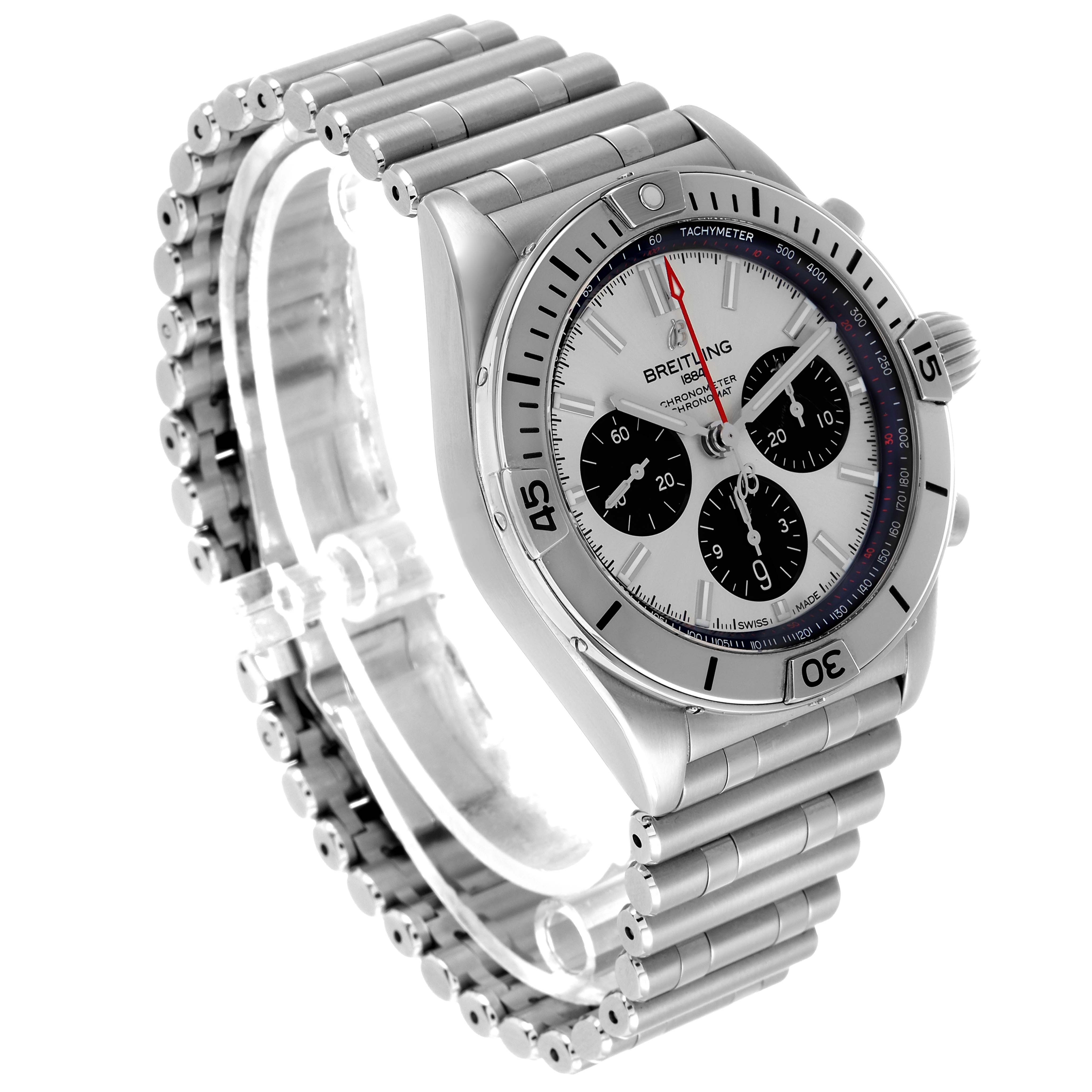 The Breitling Chronomat AB0134 Men's Stainless Steel Silver Dial watch is shown at an oblique angle, highlighting the dial, bezel, and linked bracelet.