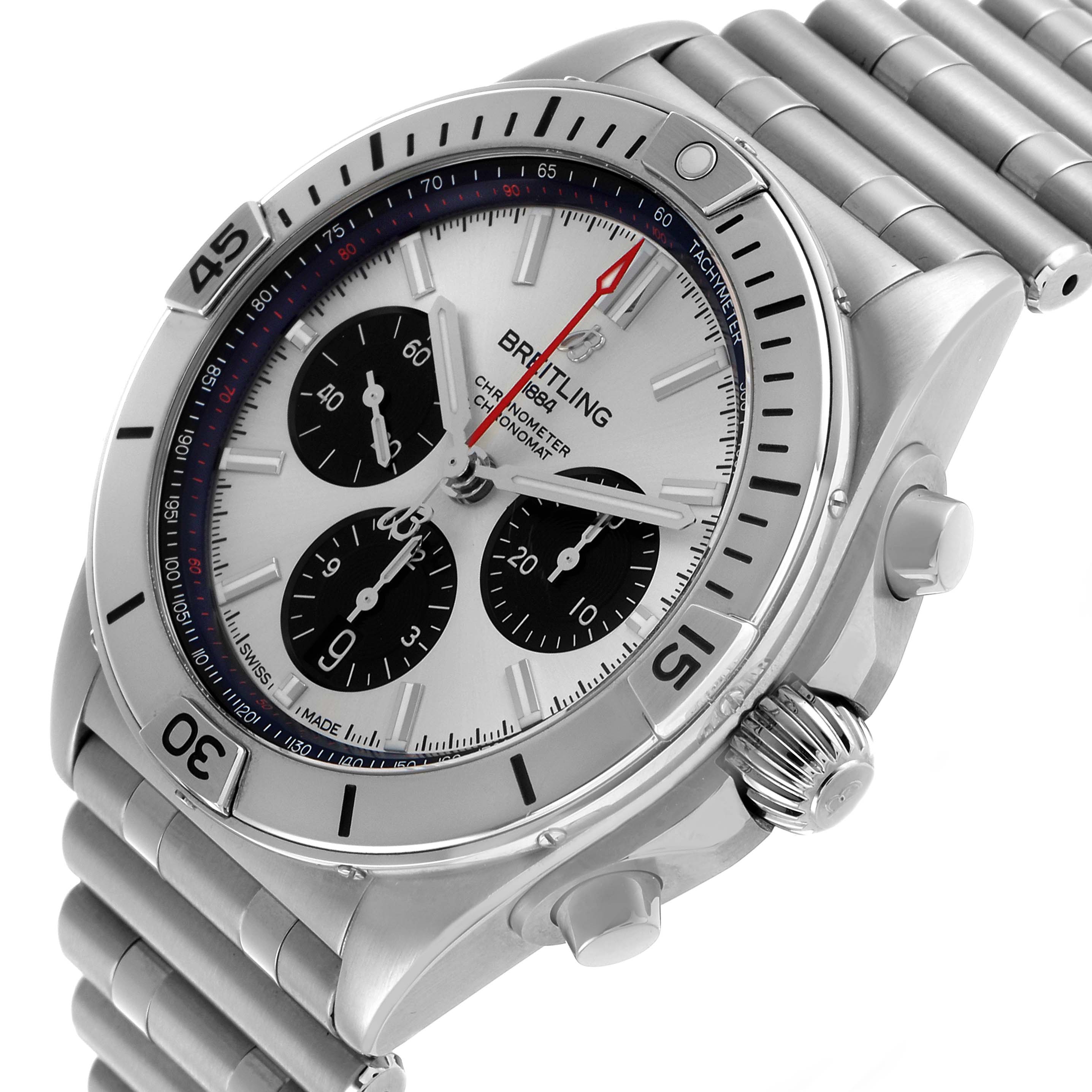 The Breitling Chronomat AB0134 Men's Stainless Steel Silver Dial is shown at a slight angle, highlighting its bezel, crown, sub-dials, and metal bracelet.