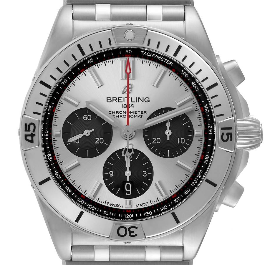 The Breitling Chronomat AB0134 Men's Stainless Steel Silver Dial watch is shown from the front, displaying the dial, bezel, and part of the bracelet.