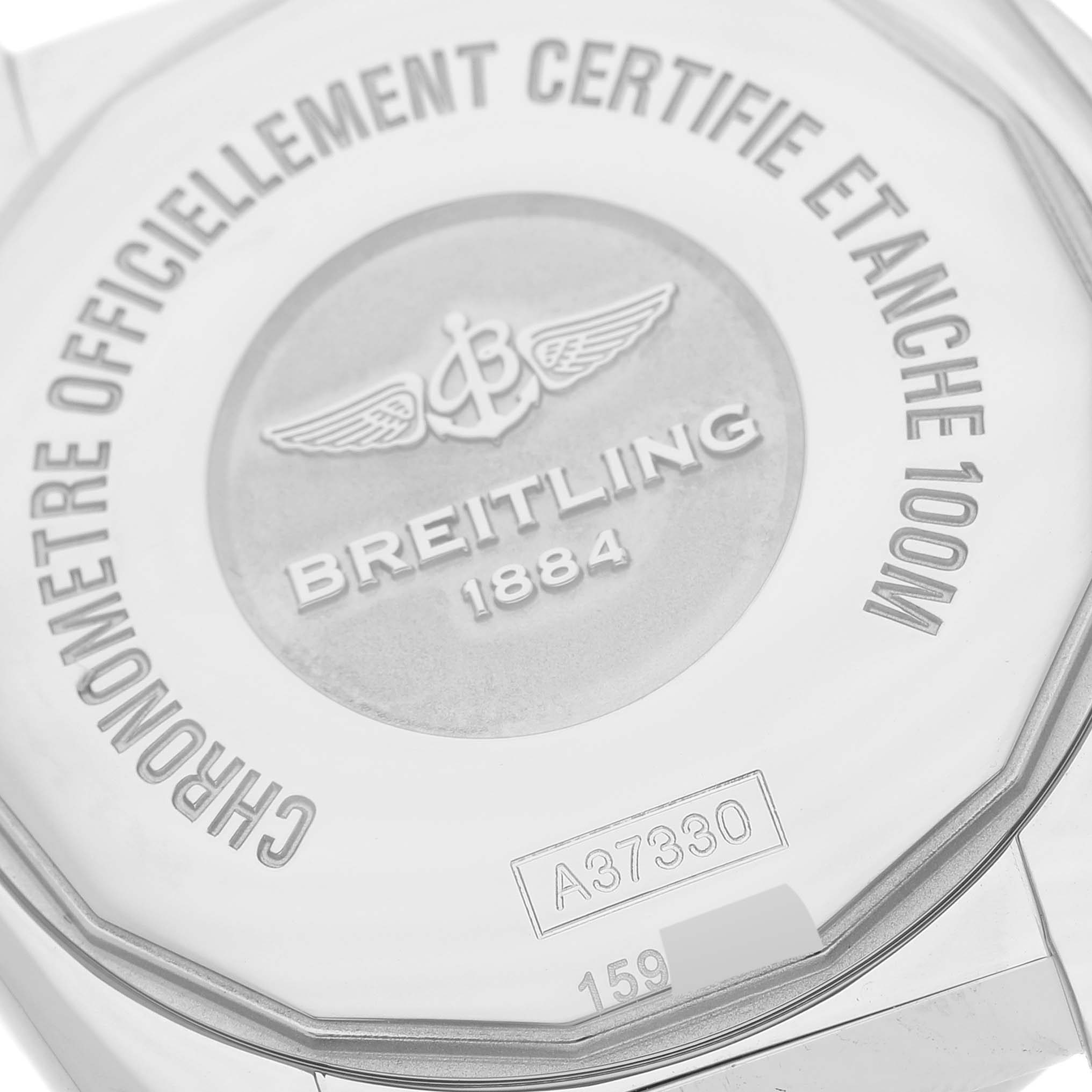 This image shows the back case of the Breitling A3733053/A717 Women's Stainless Steel Mother of Pearl Dial A3733053/A717 Women's Stainless Steel Mother of Pearl Dial Galactic 36 Mother Of Pearl Dial Diamond Steel Ladies Watch model A37330.