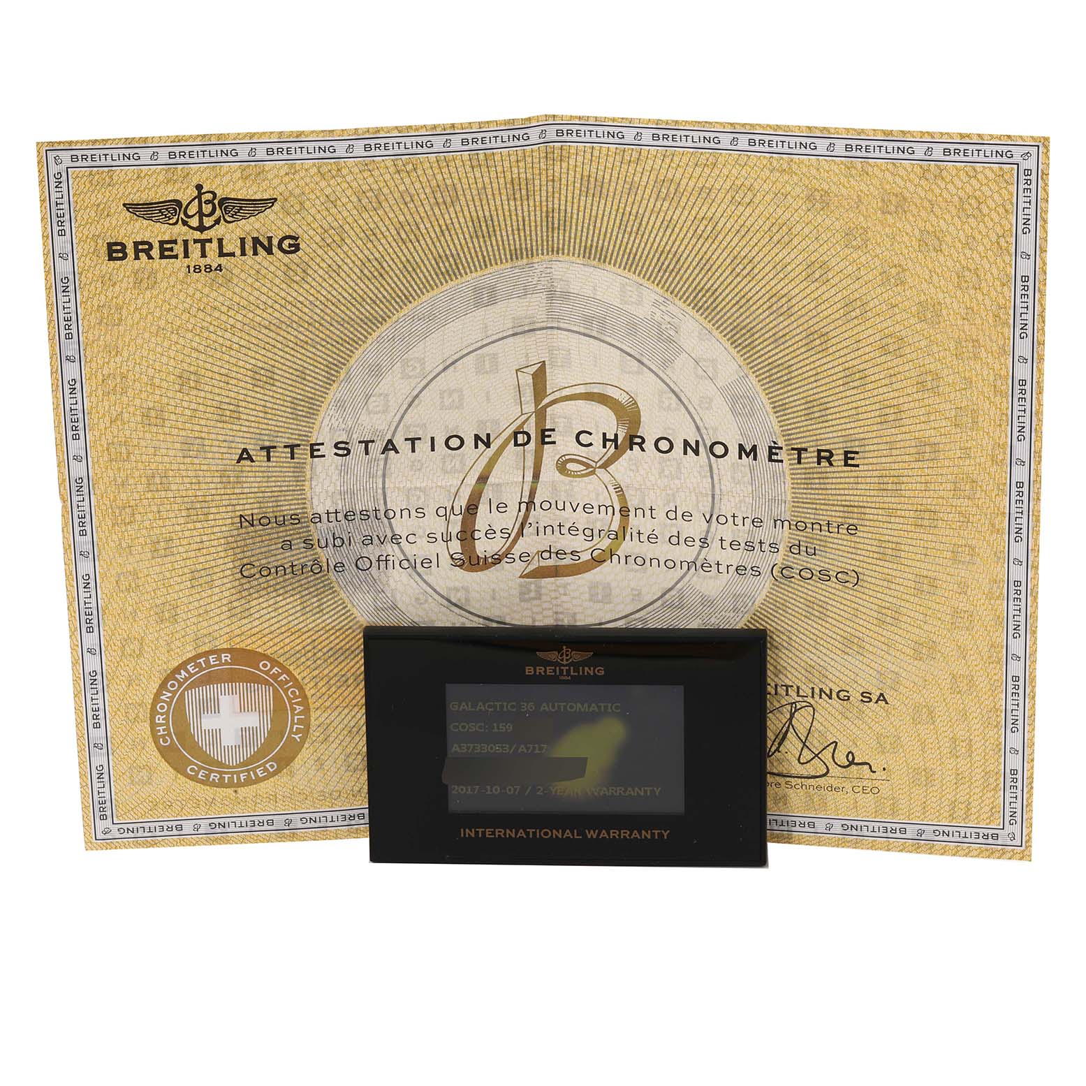 The image shows the certification paper and international warranty card for the Breitling A3733053/A717 Women's Stainless Steel Mother of Pearl Dial A3733053/A717 Women's Stainless Steel Mother of Pearl Dial Galactic 36 Mother Of Pearl Dial Diamond Steel Ladies Watch A37330 model.