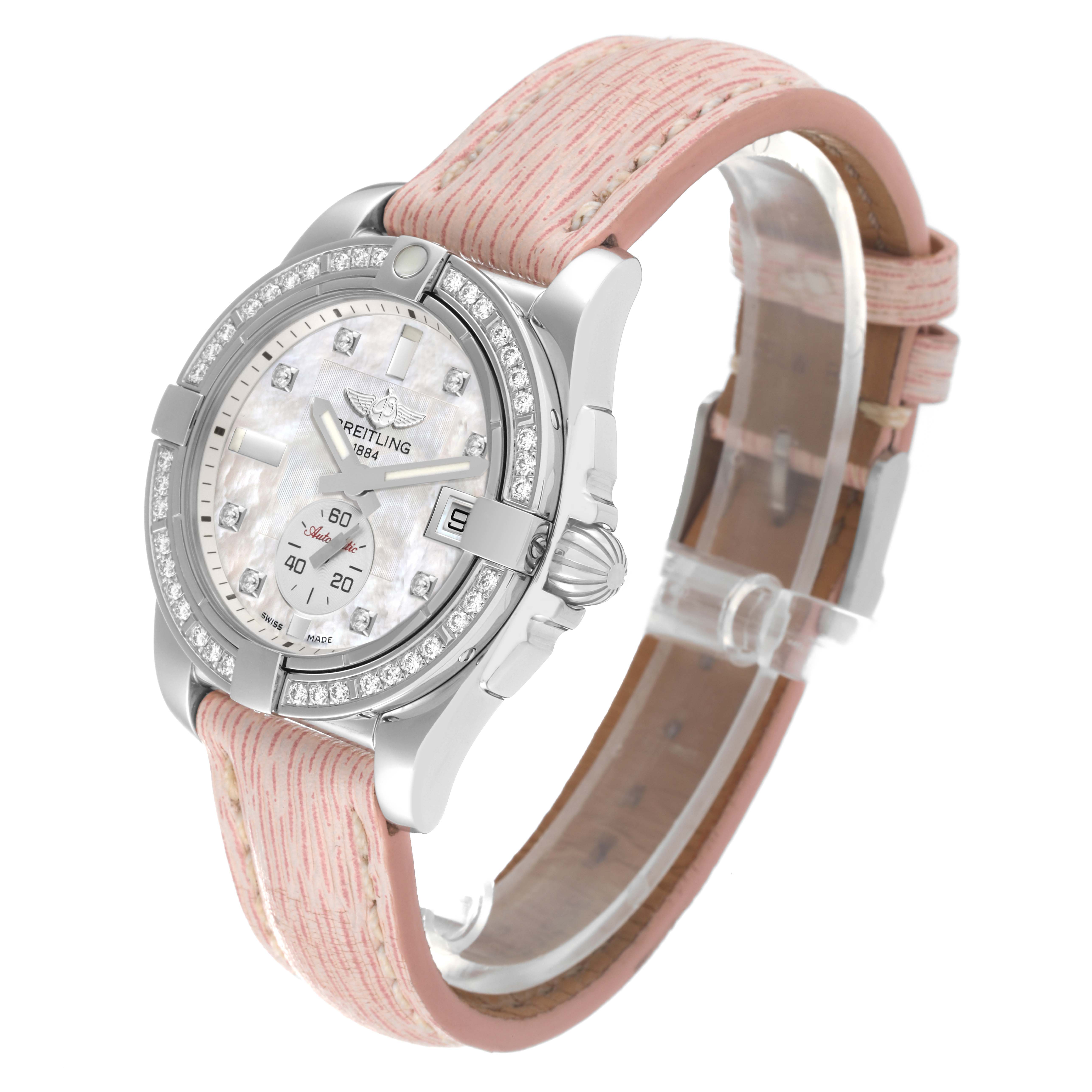 The image shows a Breitling A3733053/A717 Women's Stainless Steel Mother of Pearl Dial A3733053/A717 Women's Stainless Steel Mother of Pearl Dial Galactic 36 Mother Of Pearl Dial Diamond Steel Ladies Watch A37330 from an angled top-side view with a pink strap.