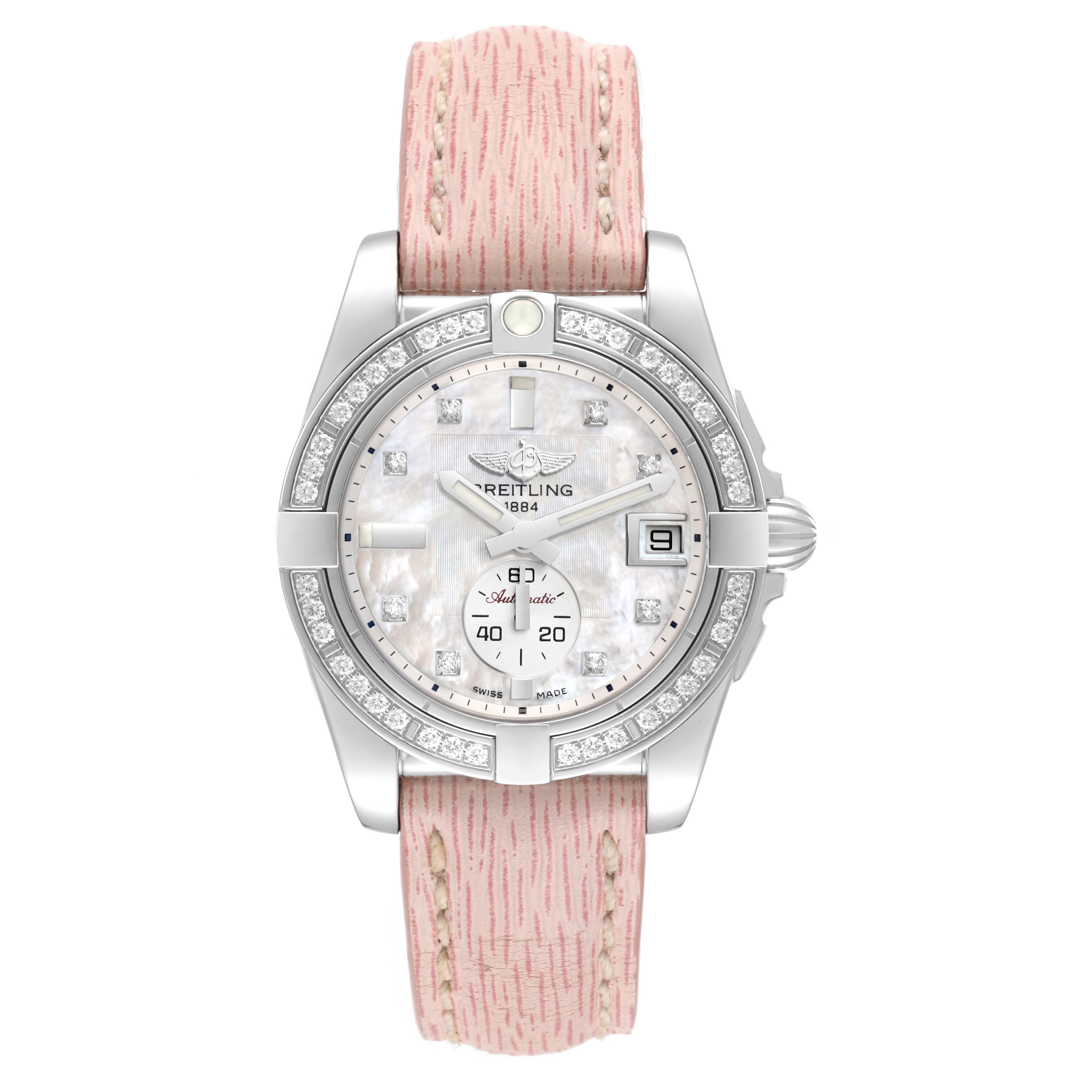 The image shows a front view of a Breitling A3733053/A717 Women's Stainless Steel Mother of Pearl Dial A3733053/A717 Women's Stainless Steel Mother of Pearl Dial Galactic 36 Mother Of Pearl Dial Diamond Steel Ladies Watch A37330 with a pink strap.