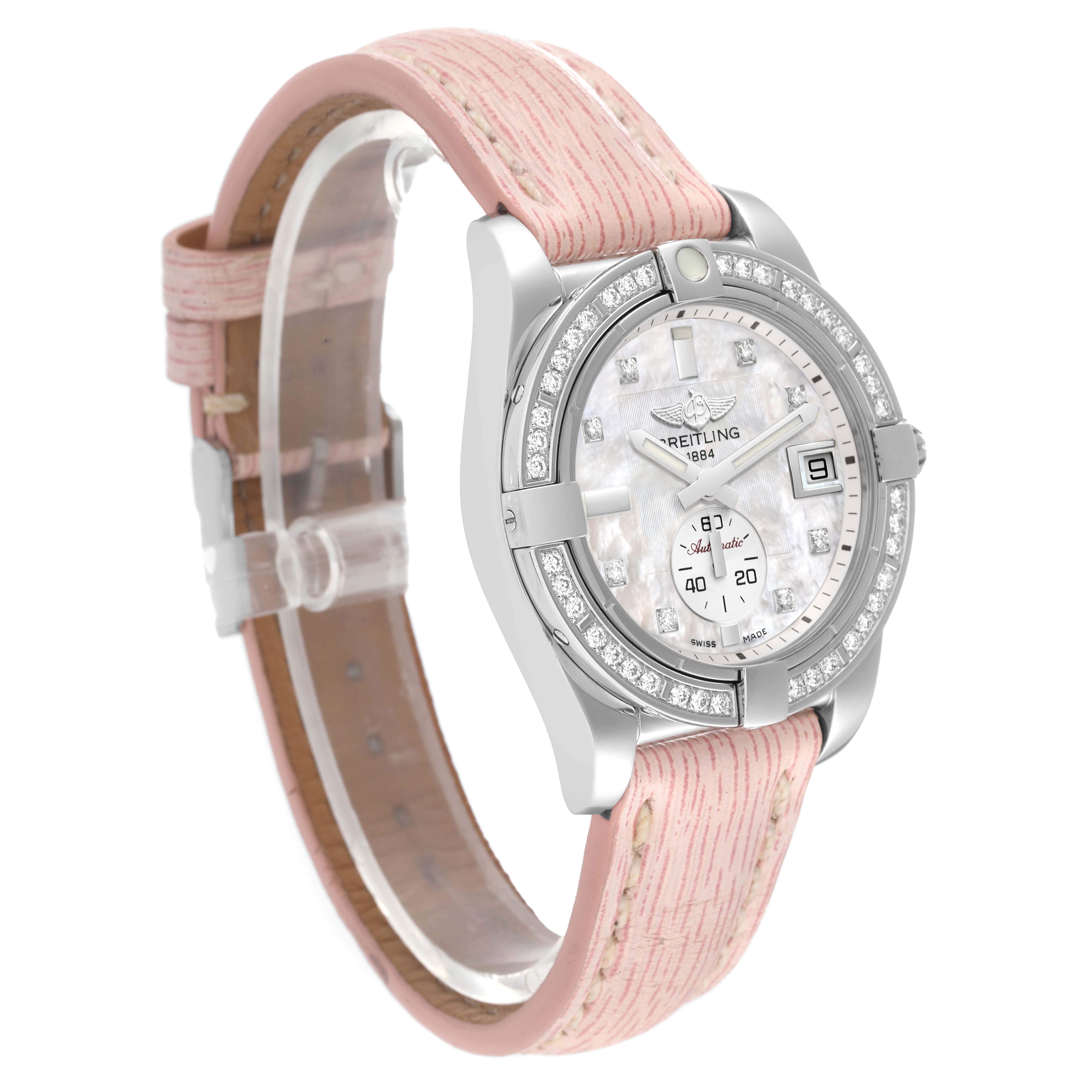 The Breitling A3733053/A717 Women's Stainless Steel Mother of Pearl Dial A3733053/A717 Women's Stainless Steel Mother of Pearl Dial Galactic 36 Mother Of Pearl Dial Diamond Steel Ladies Watch A37330 is shown at a front angle, highlighting its dial, bezel, and strap.