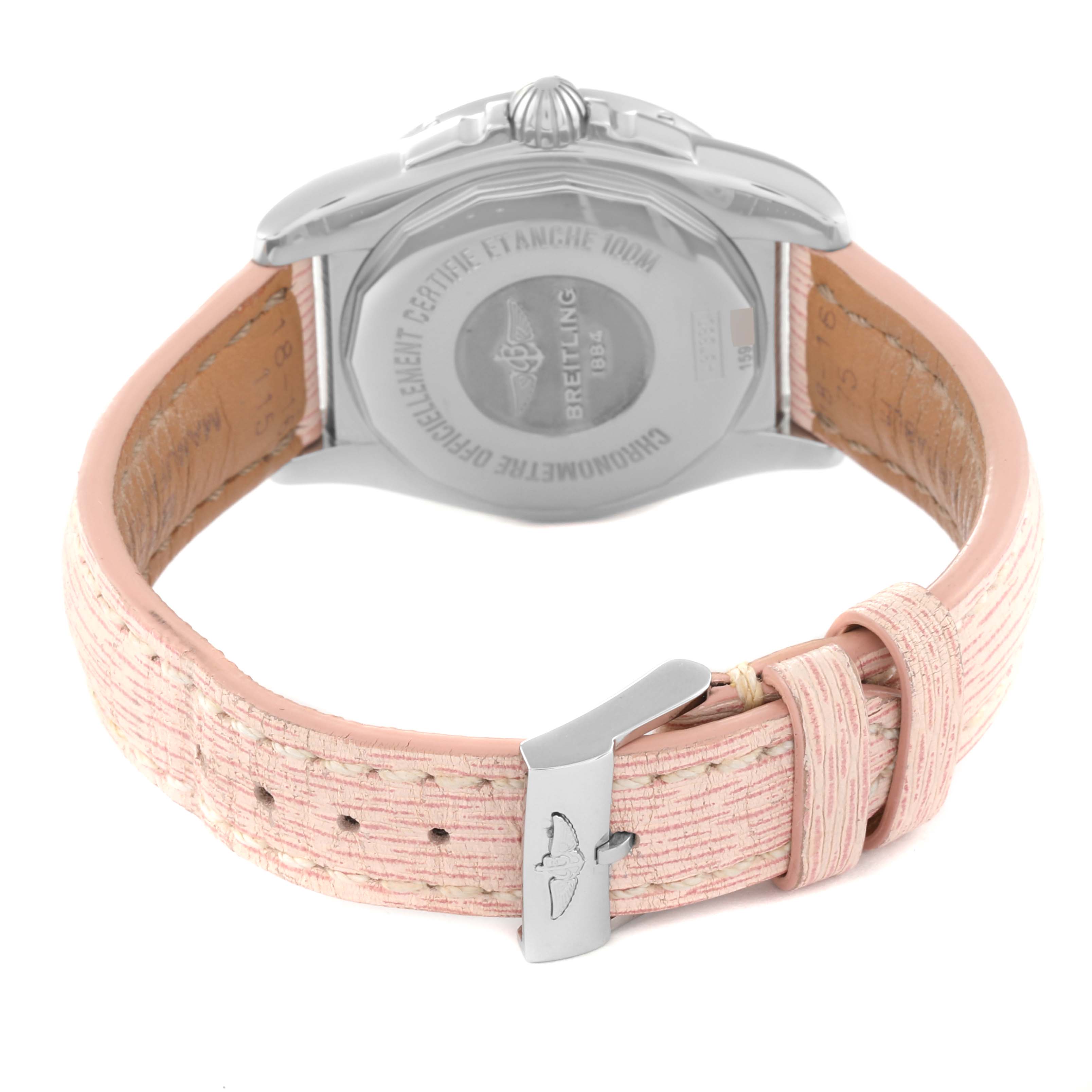 The image shows the back case and leather strap of a Breitling A3733053/A717 Women's Stainless Steel Mother of Pearl Dial A3733053/A717 Women's Stainless Steel Mother of Pearl Dial Galactic 36 Mother Of Pearl Dial Diamond Steel Ladies Watch A37330.