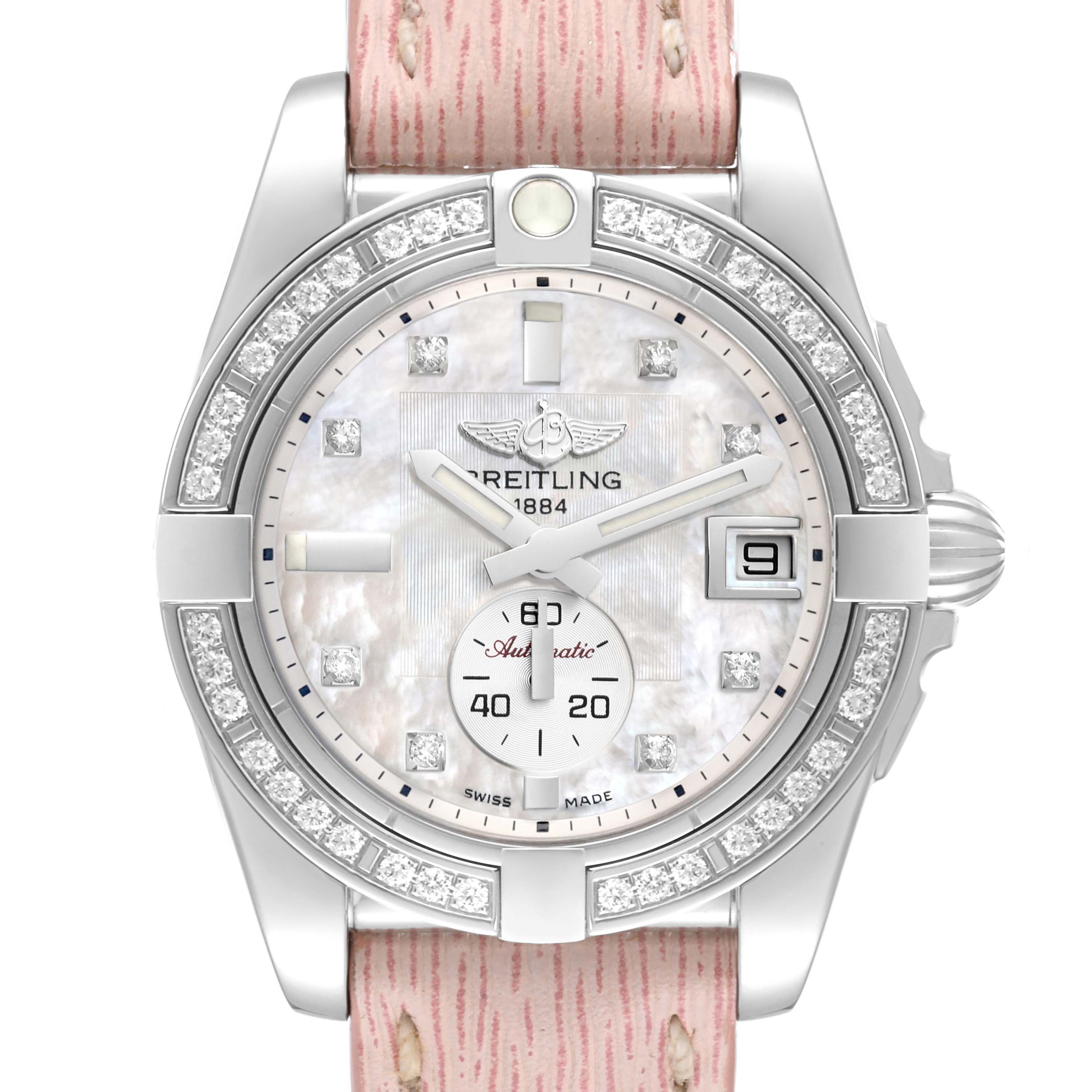 The image shows a front view of the Breitling A3733053/A717 Women's Stainless Steel Mother of Pearl Dial A3733053/A717 Women's Stainless Steel Mother of Pearl Dial Galactic 36 Mother Of Pearl Dial Diamond Steel Ladies Watch A37330 model, featuring a pink strap and diamond-studded bezel.