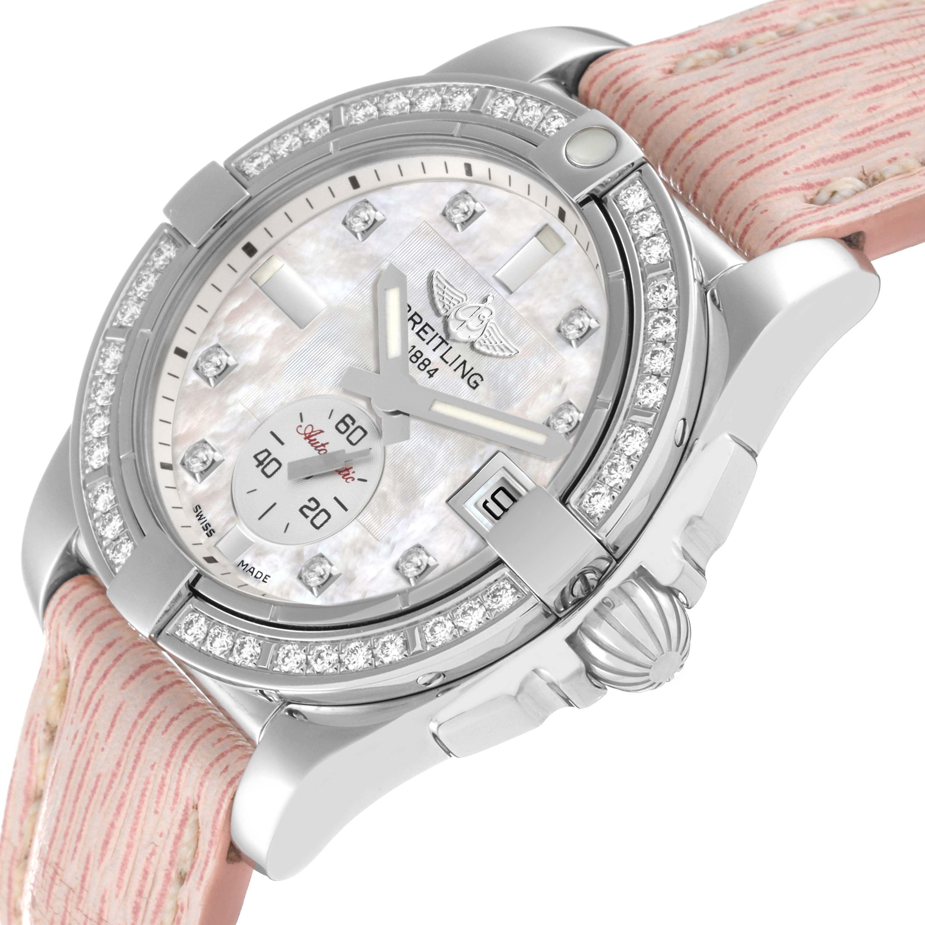 The image shows a close-up angle of the Breitling A3733053/A717 Women's Stainless Steel Mother of Pearl Dial A3733053/A717 Women's Stainless Steel Mother of Pearl Dial Galactic 36 Mother Of Pearl Dial Diamond Steel Ladies Watch A37330, focusing on the dial, bezel, and strap.
