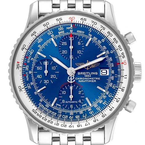 The image shows a front view of the Breitling Navitimer watch, highlighting its blue dial and chronograph features.