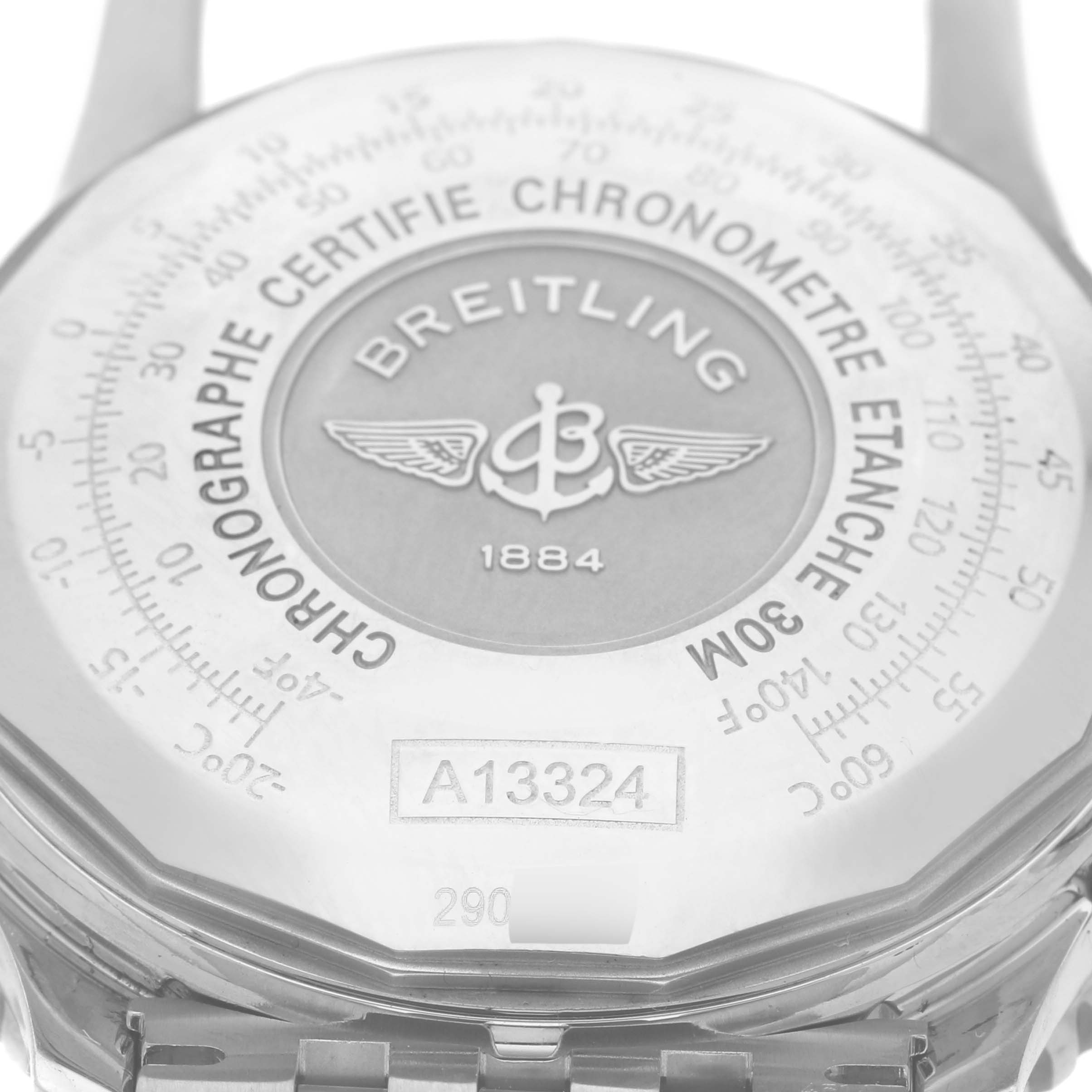 The image shows the case back of a Breitling Navitimer A1332412/C942 Men's Stainless Steel Blue Dial A1332412/C942 Men's Stainless Steel Blue Dial watch with engraved details and model number A13324.