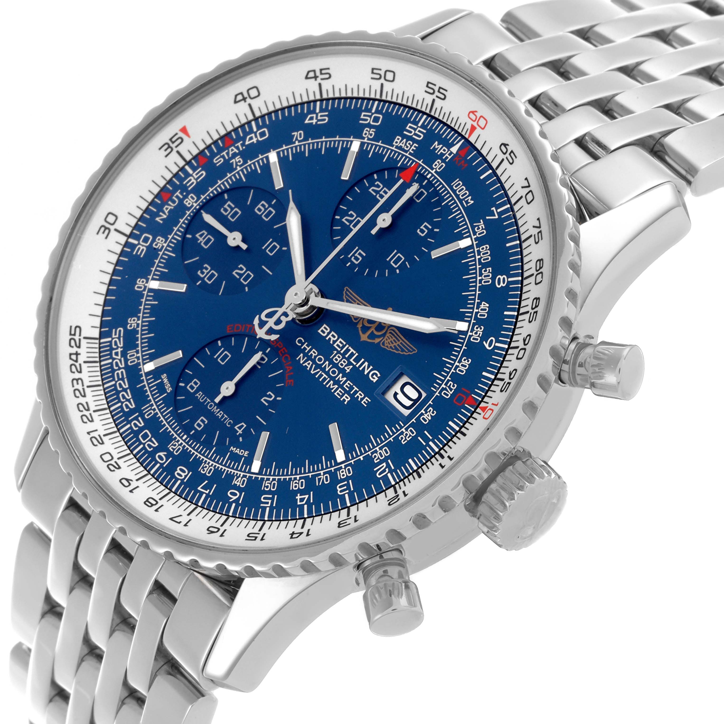 The Breitling Navitimer A1332412/C942 Men's Stainless Steel Blue Dial A1332412/C942 Men's Stainless Steel Blue Dial watch is shown at an angled view highlighting the blue dial, bezel, crown, and partial bracelet.