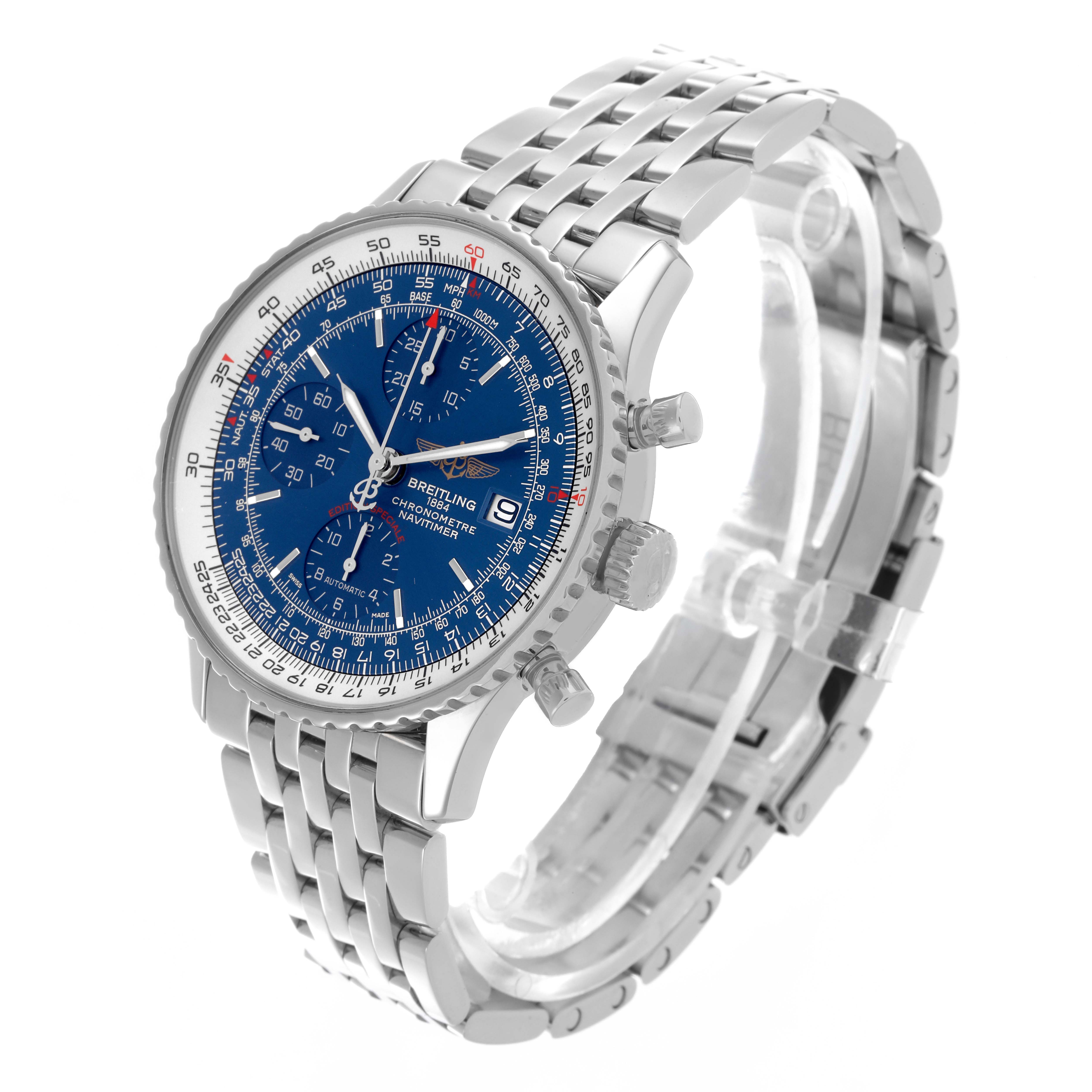 The Breitling Navitimer A1332412/C942 Men's Stainless Steel Blue Dial A1332412/C942 Men's Stainless Steel Blue Dial watch is shown at a three-quarter angle, displaying the face, bezel, and metal bracelet.