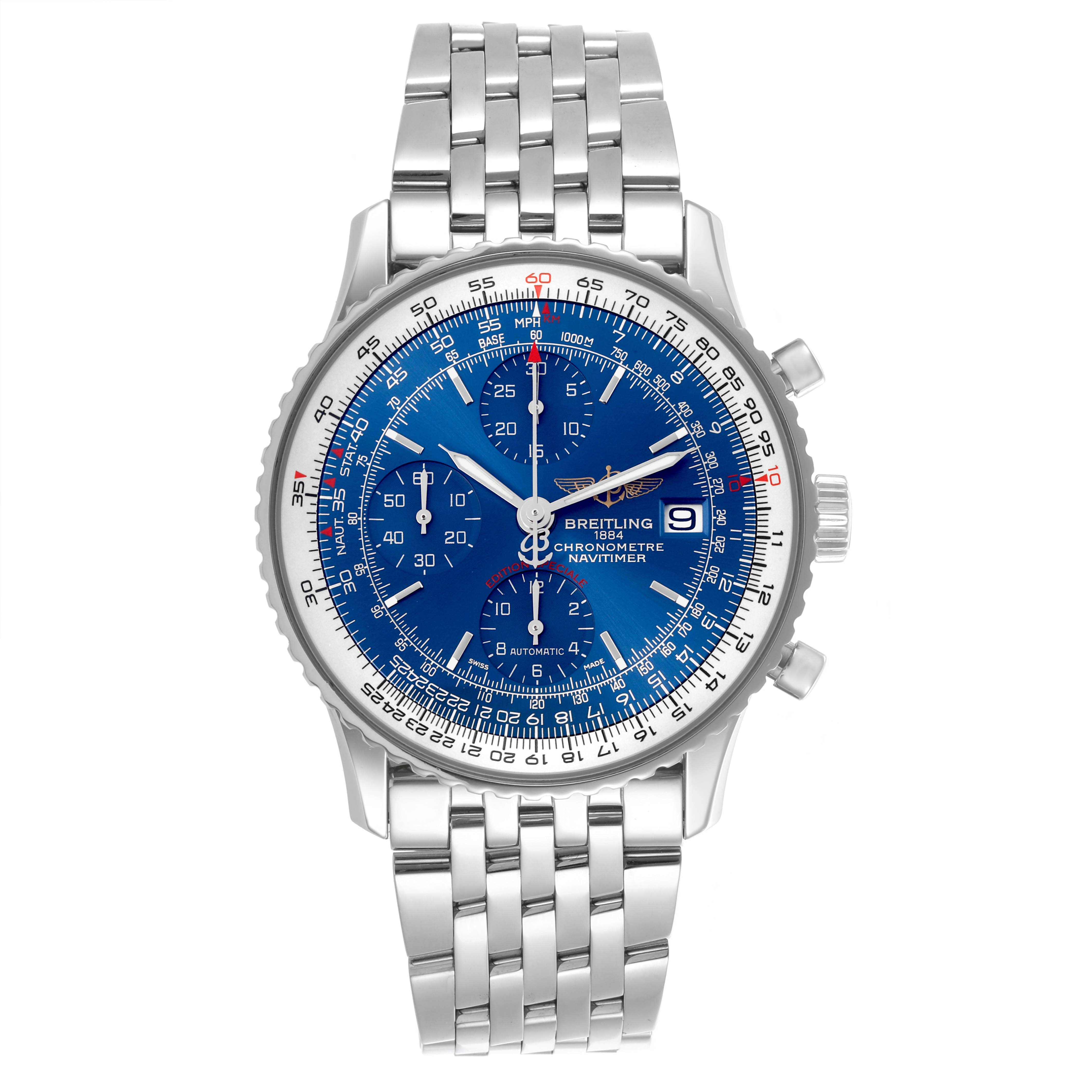The Breitling Navitimer A1332412/C942 Men's Stainless Steel Blue Dial A1332412/C942 Men's Stainless Steel Blue Dial watch is shown from the front, displaying its face, bezel, crown, chronograph dials, and bracelet.