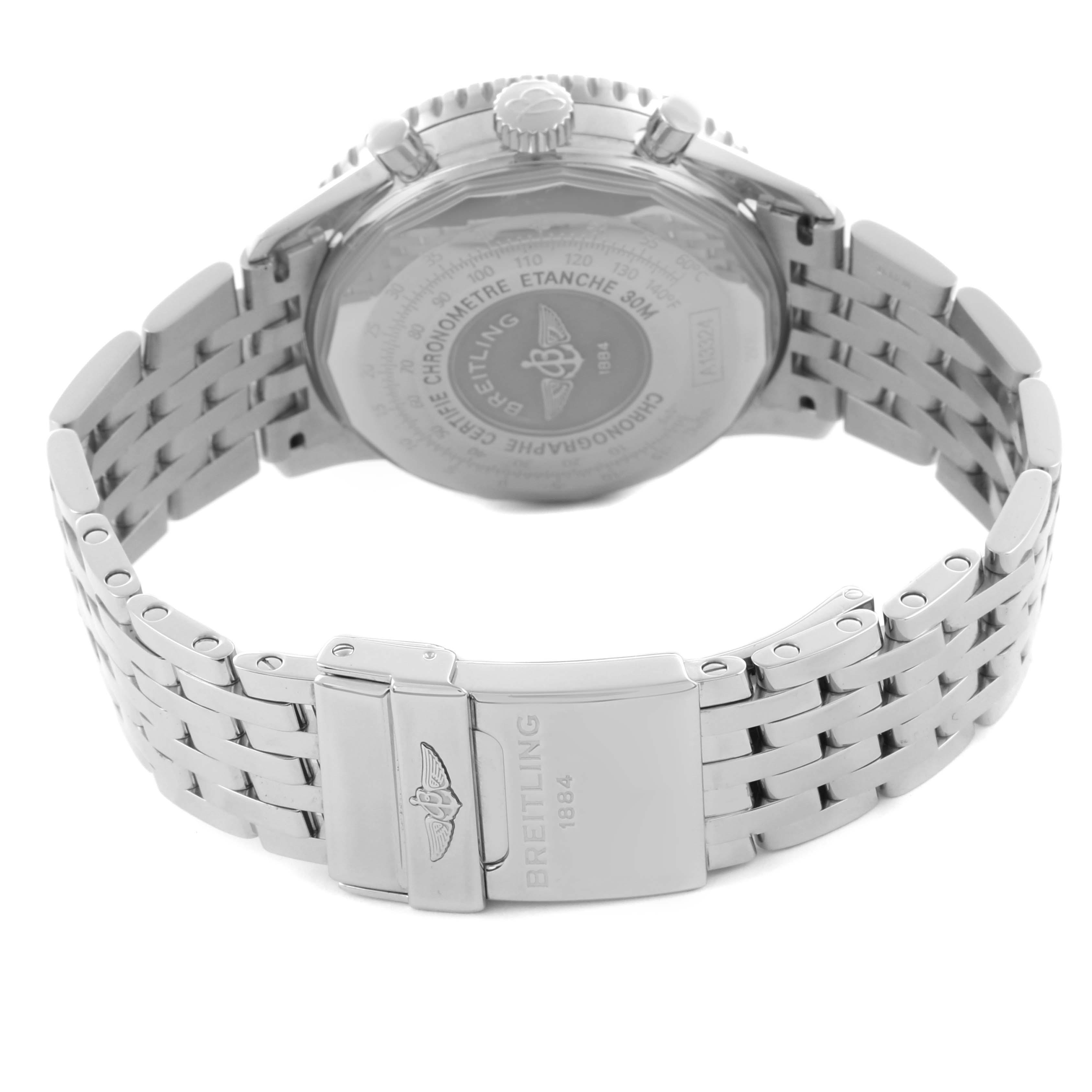 The image shows the backside and clasp of a Breitling Navitimer A1332412/C942 Men's Stainless Steel Blue Dial A1332412/C942 Men's Stainless Steel Blue Dial watch, highlighting its stainless steel bracelet and engraved details.