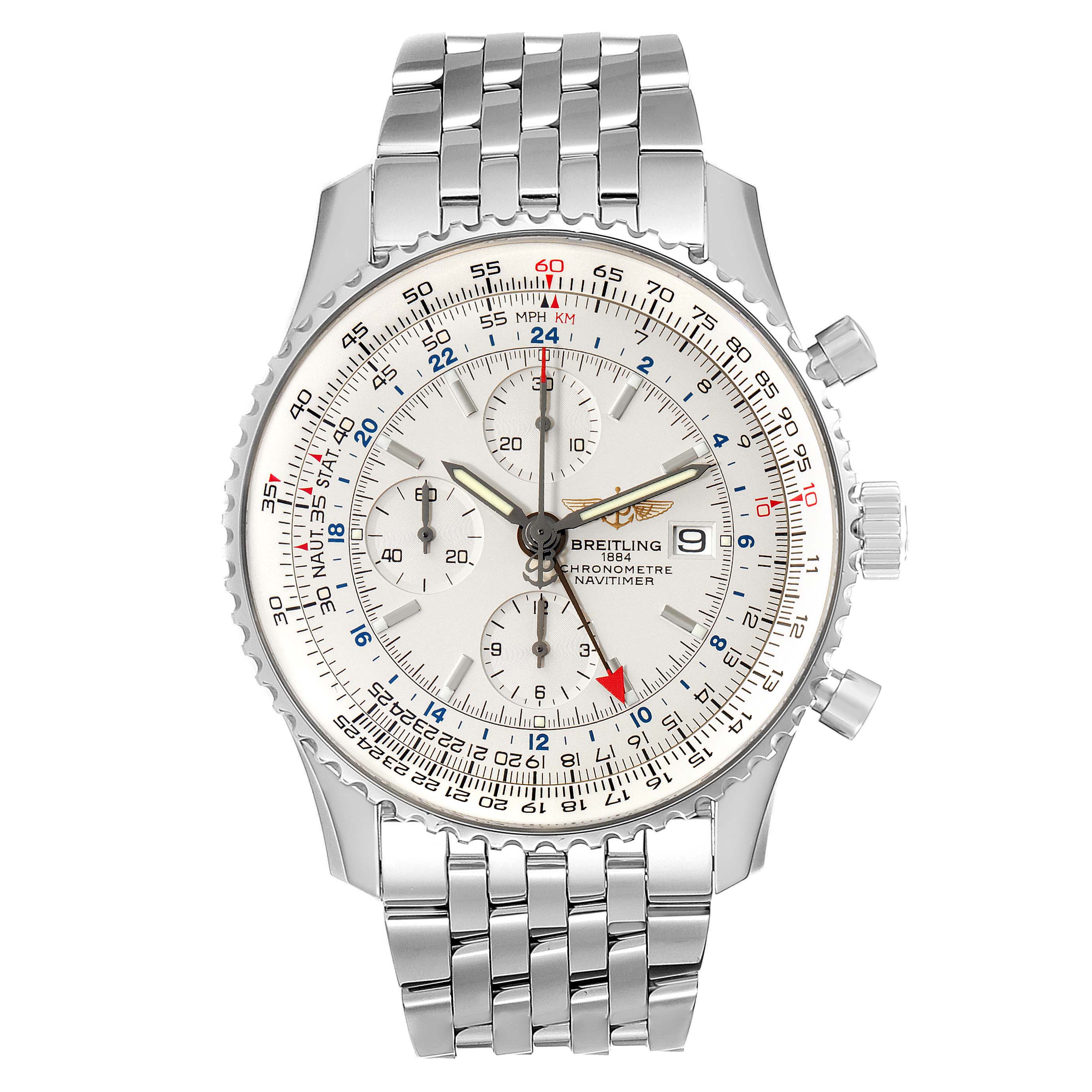 The image shows a front view of the Breitling Navitimer A24322 Men
s Stainless Steel Silver Dial A24322 Men
s Stainless Steel Silver Dial with its dial, bezel, and metal bracelet visible.