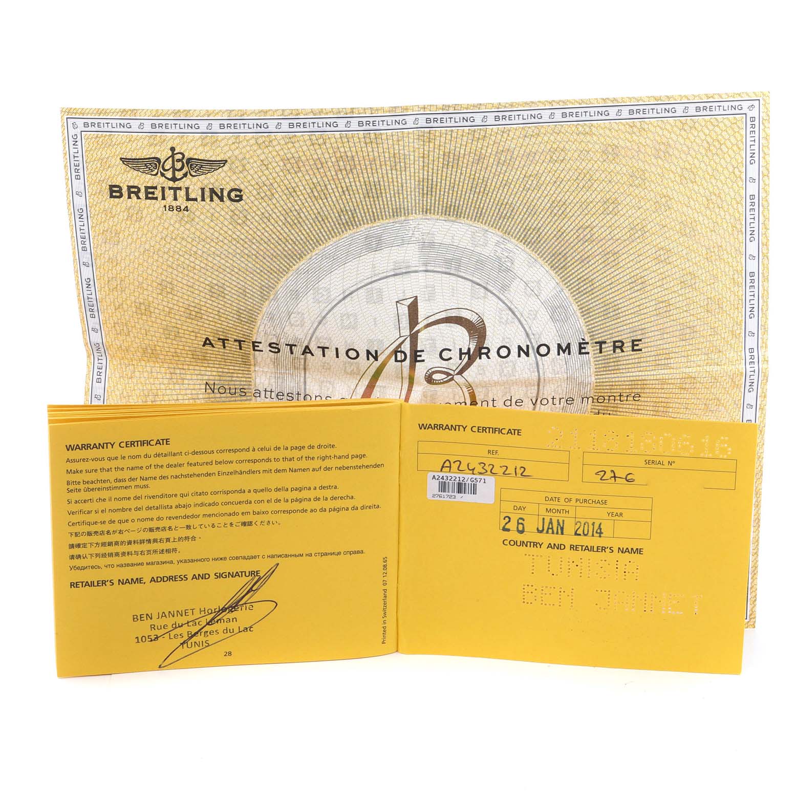 The image shows the warranty certificate and chronometer certificate for the Breitling Navitimer A24322 Men
s Stainless Steel Silver Dial A24322 Men
s Stainless Steel Silver Dial model.
