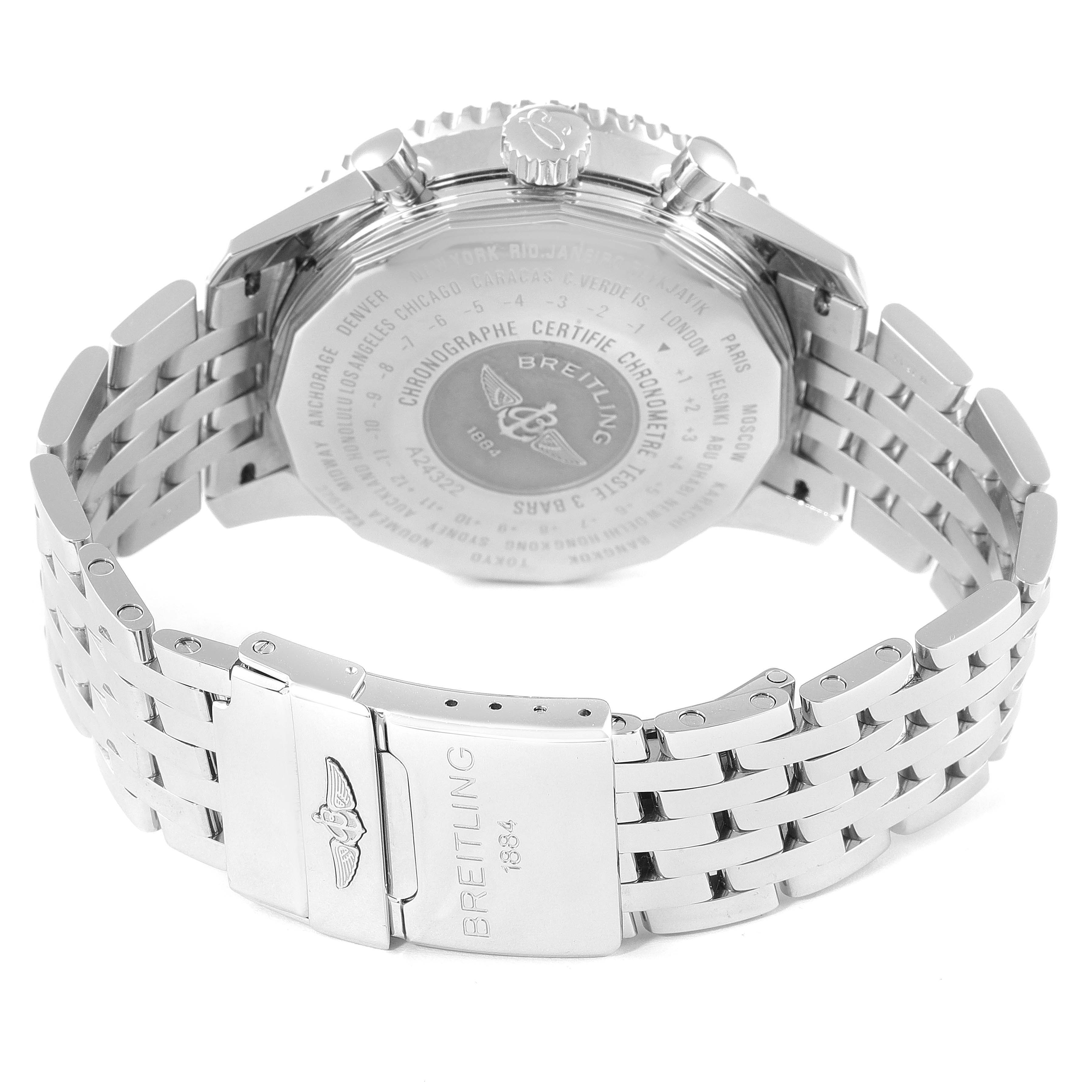 The image shows the back and clasp of a Breitling Navitimer A24322 Men
s Stainless Steel Silver Dial A24322 Men
s Stainless Steel Silver Dial watch, featuring its stainless steel bracelet and detailed case back.