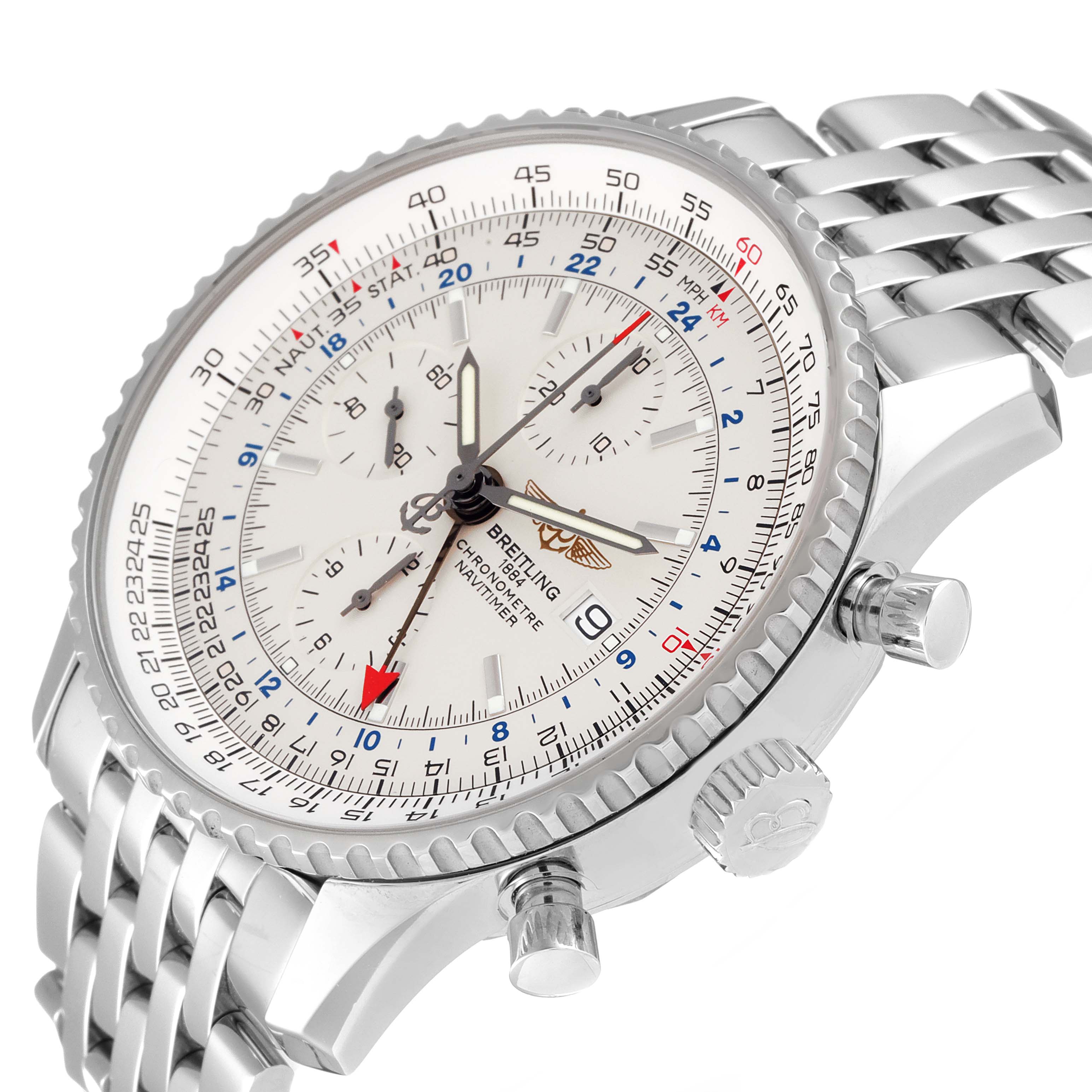 The image shows a side-angle view of a Breitling Navitimer A24322 Men
s Stainless Steel Silver Dial A24322 Men
s Stainless Steel Silver Dial watch, highlighting the dial, bezel, chronograph pushers, and bracelet.