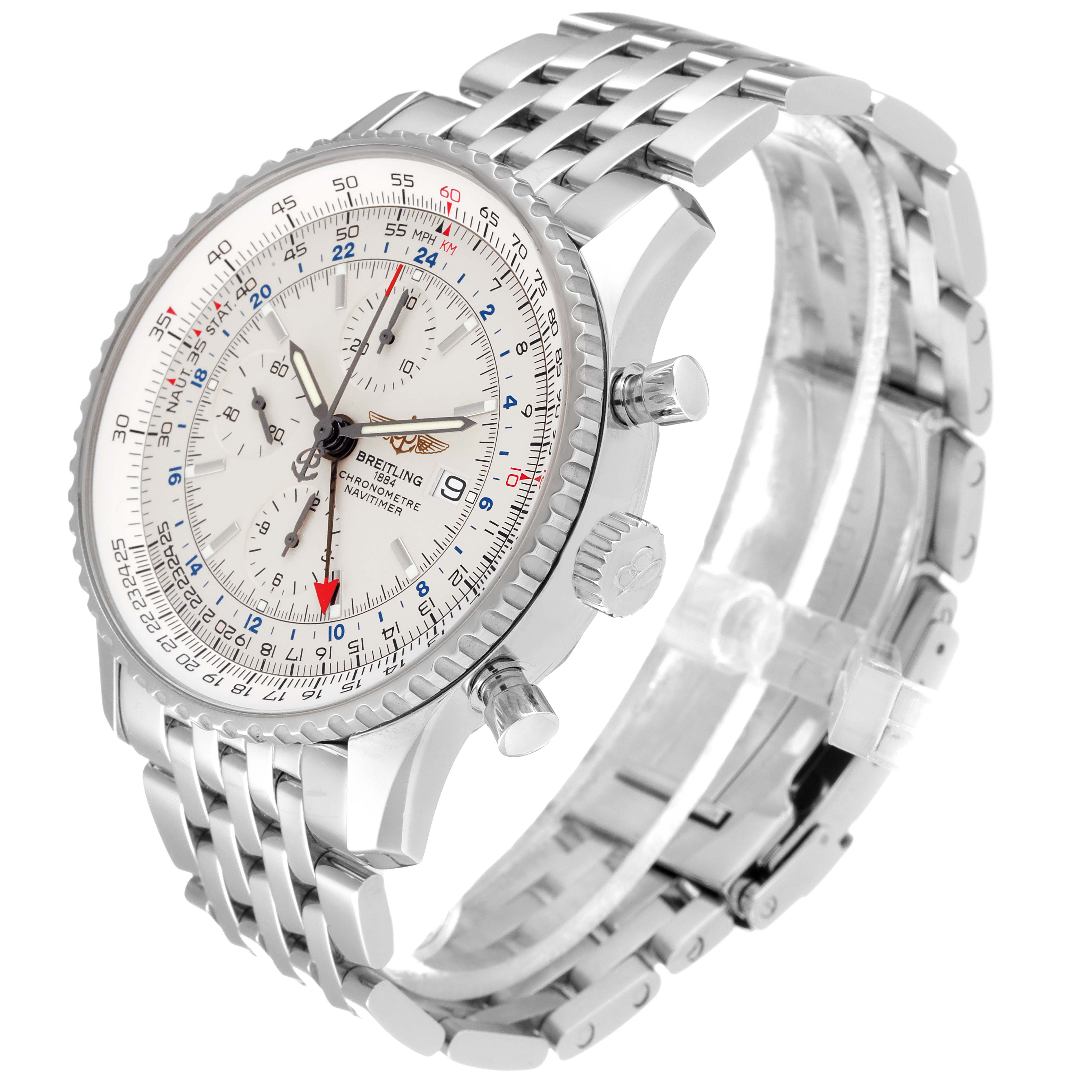 The Breitling Navitimer A24322 Men
s Stainless Steel Silver Dial A24322 Men
s Stainless Steel Silver Dial watch is shown at a slight front-left angle, highlighting its face, bezel, crown, and steel bracelet.
