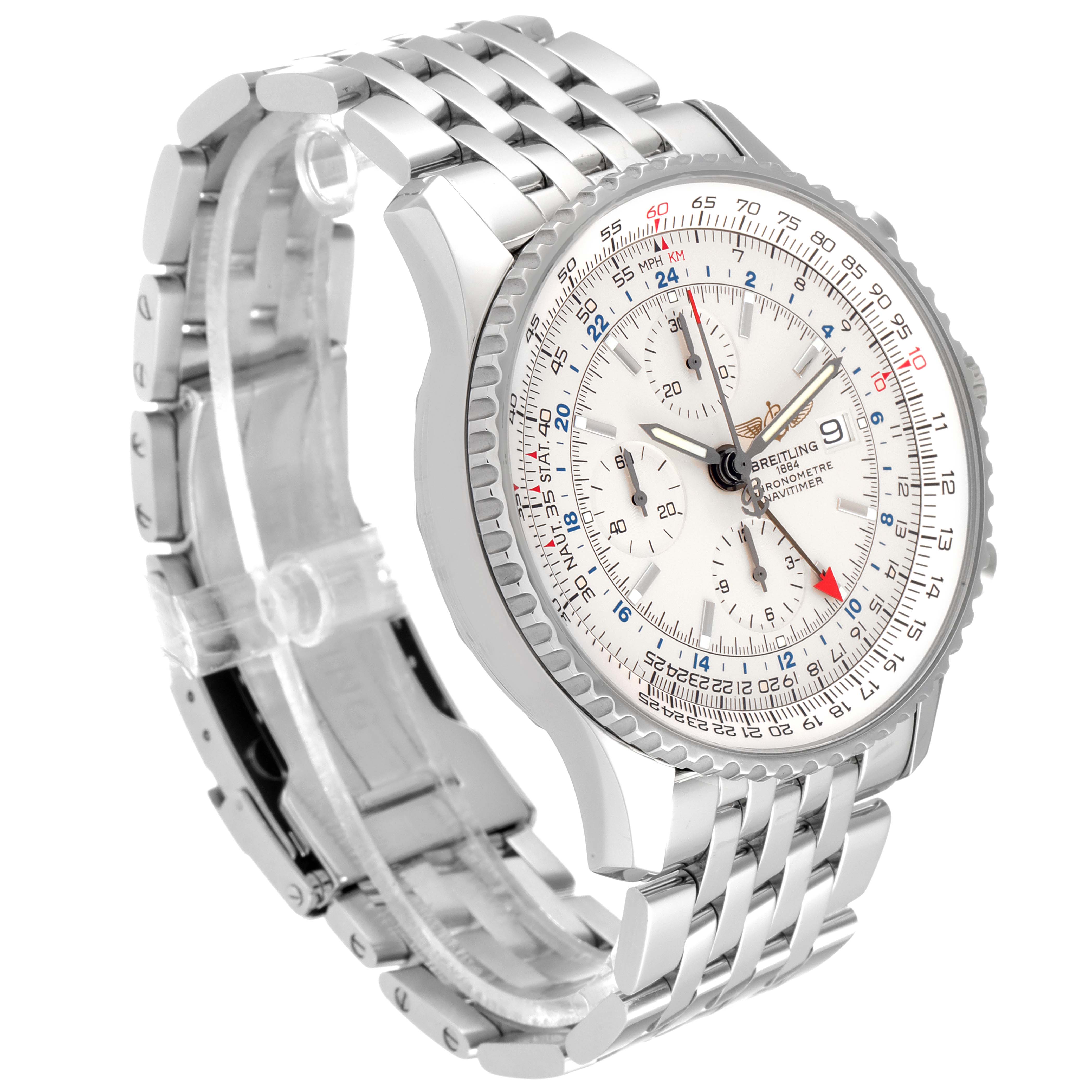 The image shows a Breitling Navitimer A24322 Men
s Stainless Steel Silver Dial A24322 Men
s Stainless Steel Silver Dial watch at a 3/4 angle displaying the face, bezel, and metal bracelet with an open clasp.