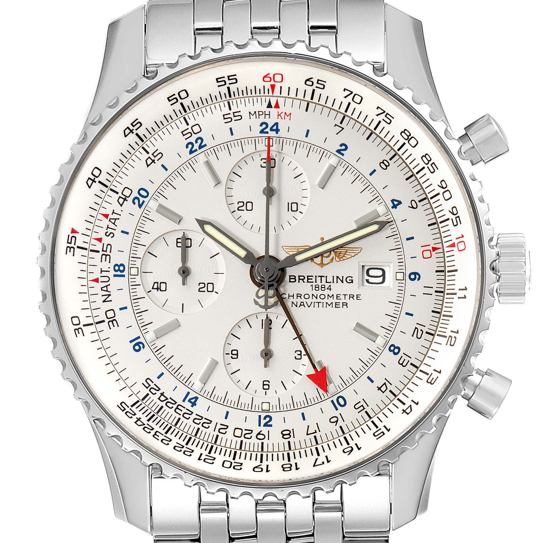 The image shows a frontal view of the Breitling Navitimer A24322 Men
s Stainless Steel Silver Dial A24322 Men
s Stainless Steel Silver Dial watch, highlighting its dial, bezel, and part of the metal bracelet.