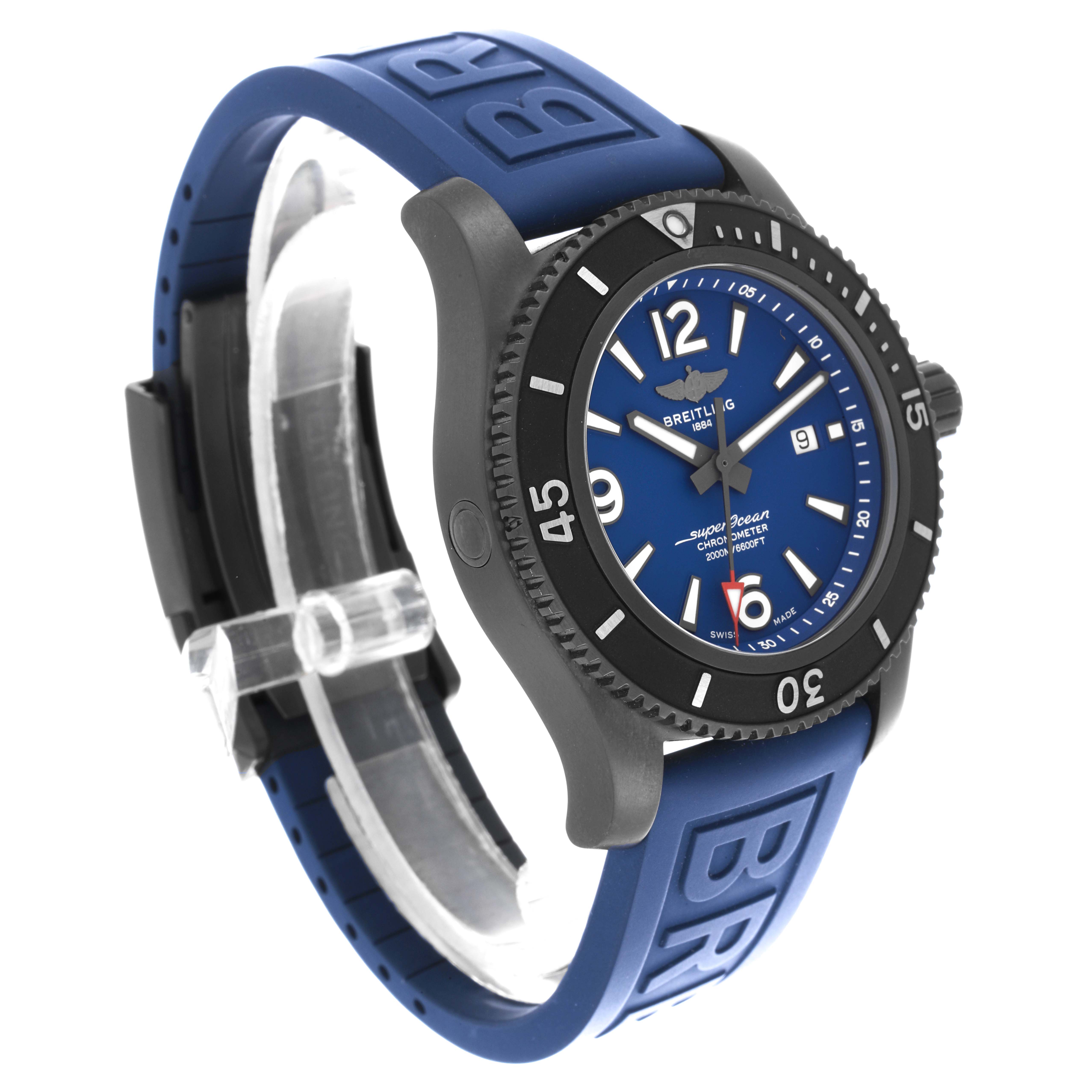 The Breitling Superocean M17368 Men
s Stainless Steel Blue Dial M17368 Men
s Stainless Steel Blue Dial watch is shown at an angle displaying the face, bezel, crown, and blue rubber strap.