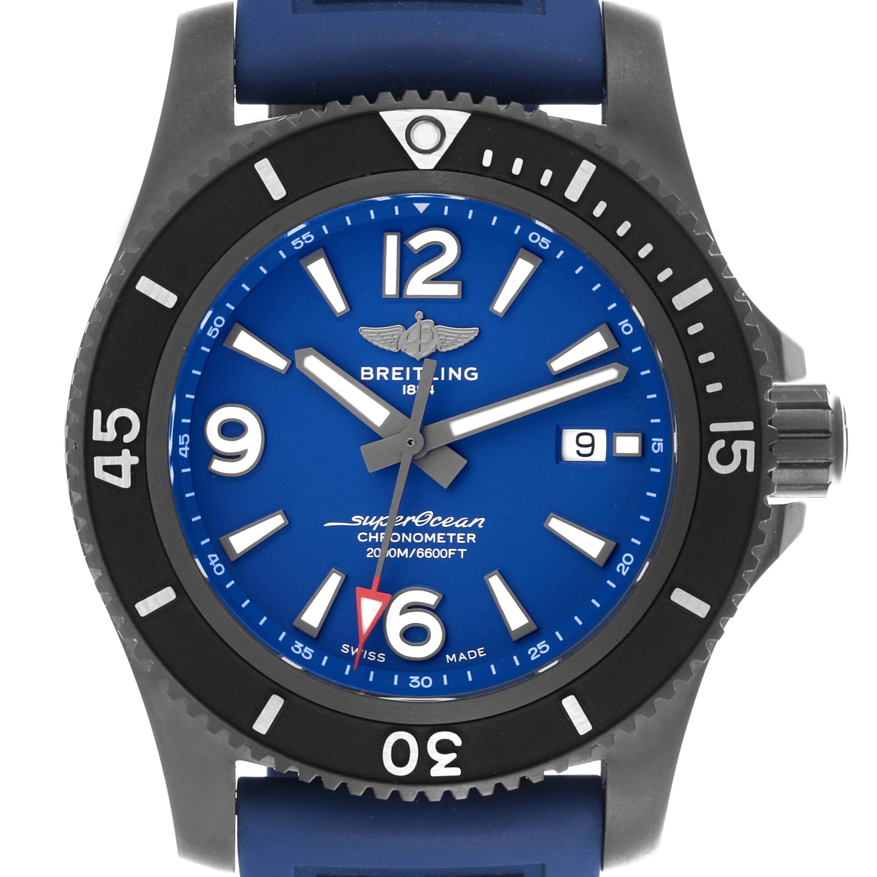 The Breitling Superocean M17368 Men
s Stainless Steel Blue Dial M17368 Men
s Stainless Steel Blue Dial watch is shown from the front, displaying its blue dial, rotating bezel, and date window.