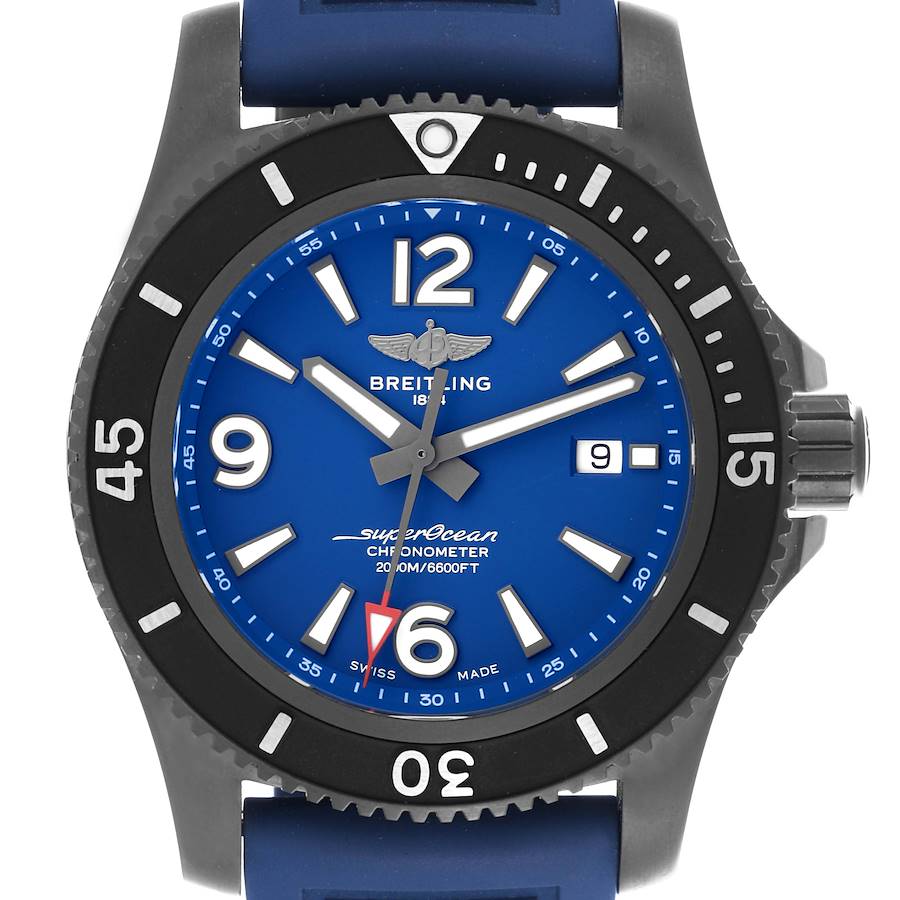 The Breitling Superocean watch is shown from the front, displaying its blue dial, rotating bezel, and date window.