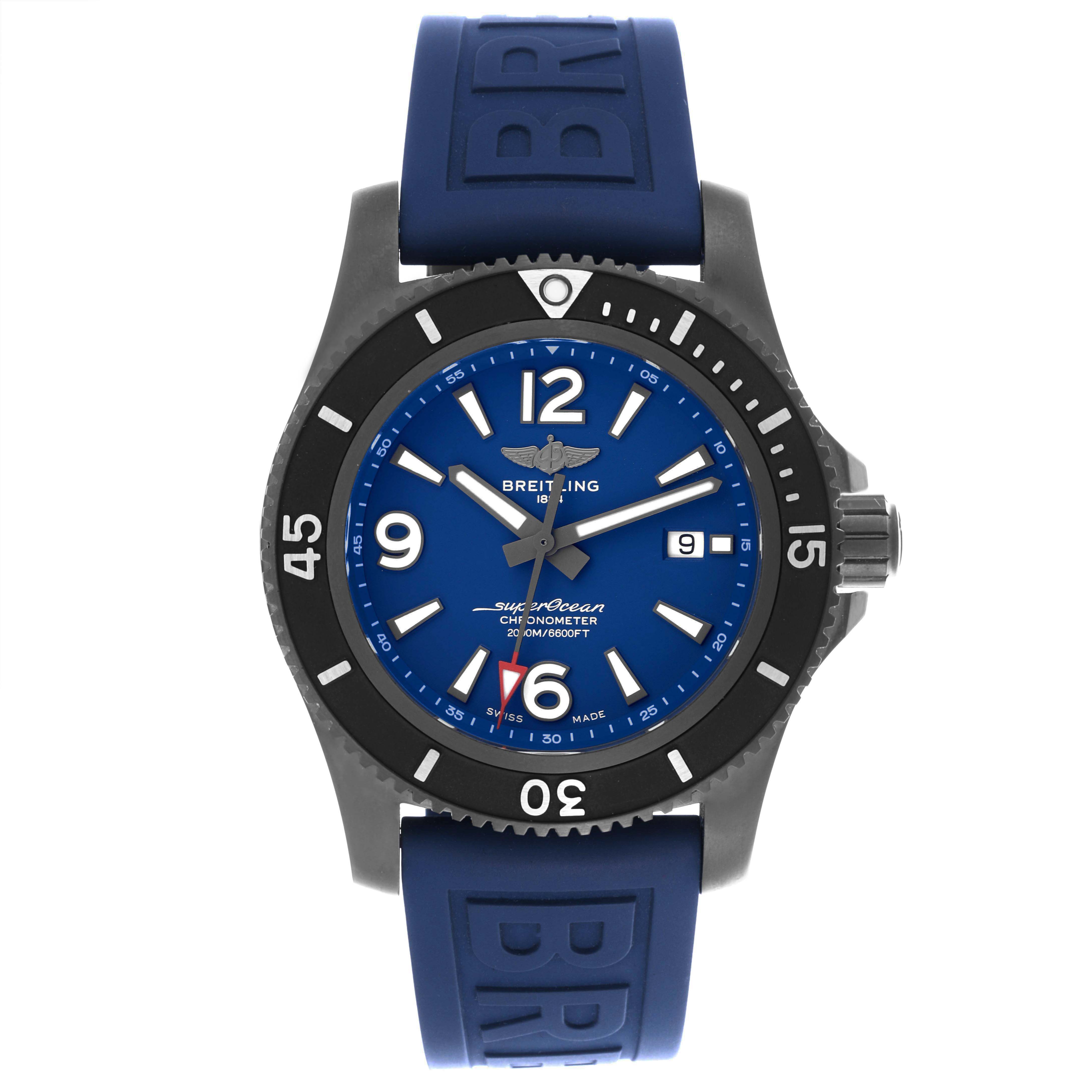 The Breitling Superocean M17368 Men's Stainless Steel Blue Dial watch is shown from the front, displaying its dial, bezel, and blue strap.