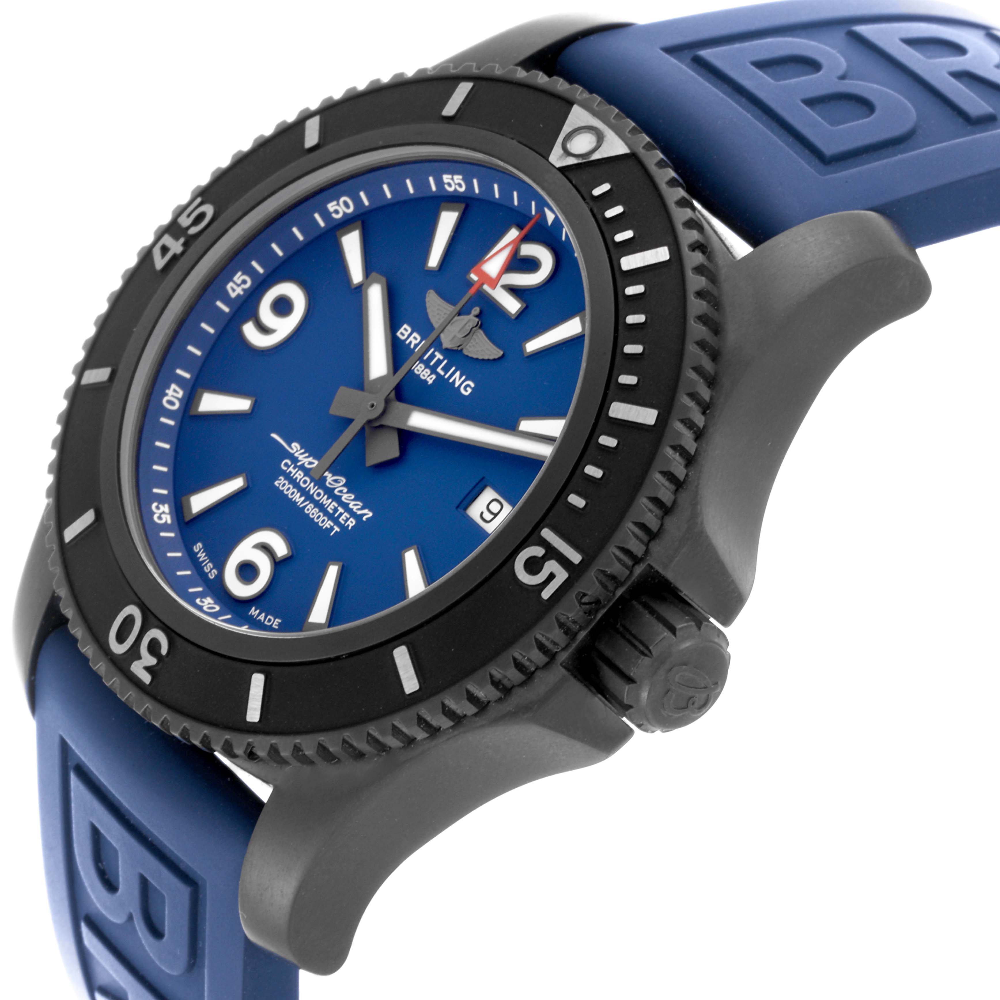 The Breitling Superocean M17368 Men
s Stainless Steel Blue Dial M17368 Men
s Stainless Steel Blue Dial watch is shown at an angled side view, highlighting its blue dial, black bezel, and blue strap.
