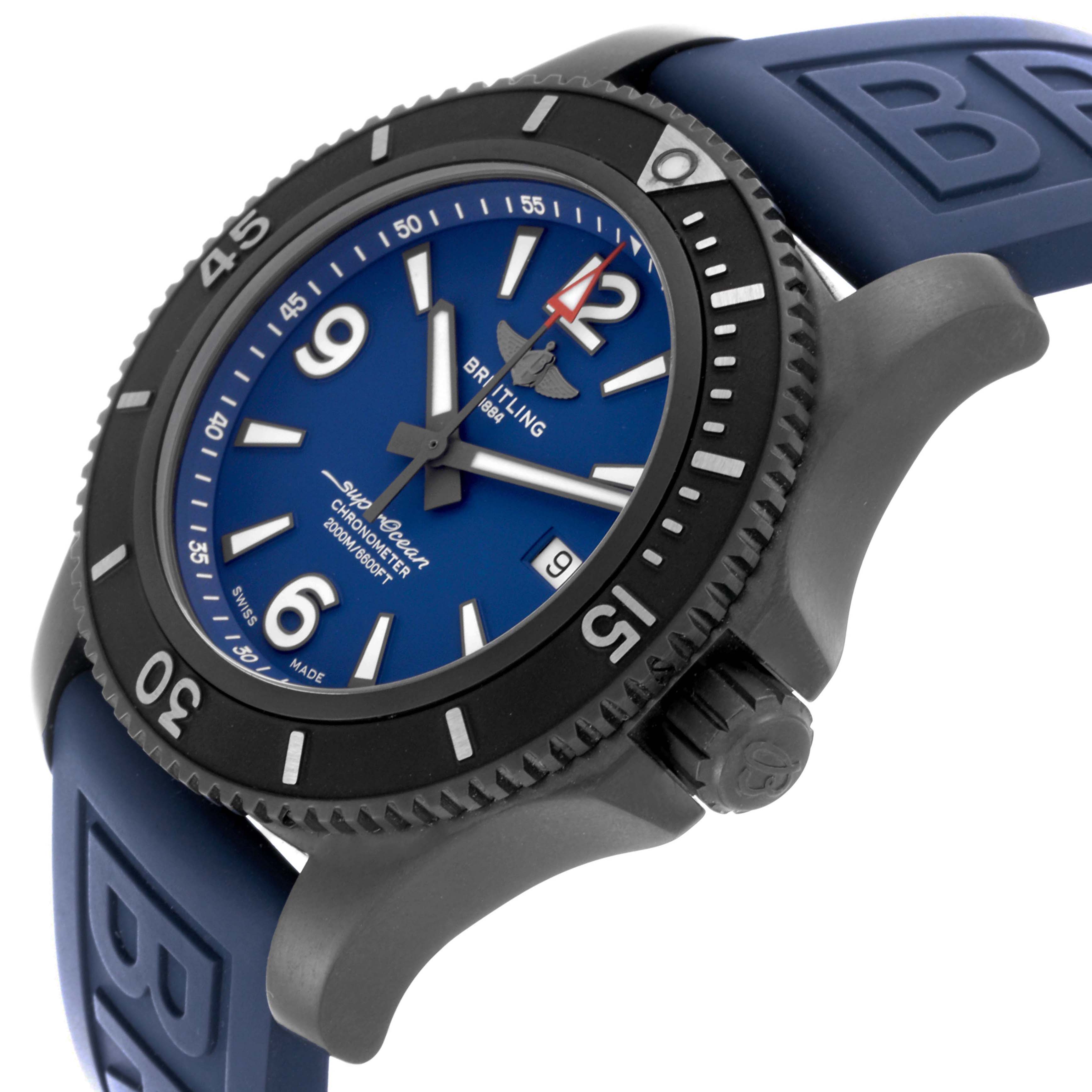 The image shows a Breitling Superocean M17368 Men's Stainless Steel Blue Dial watch from an angle highlighting the blue dial, black bezel, and part of the blue strap.
