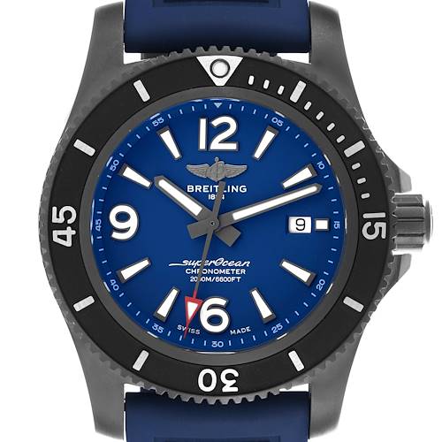 The Breitling Superocean M17368 Men's Stainless Steel Blue Dial watch is shown from the front, highlighting the bezel, dial, hands, and the crown on its right side.