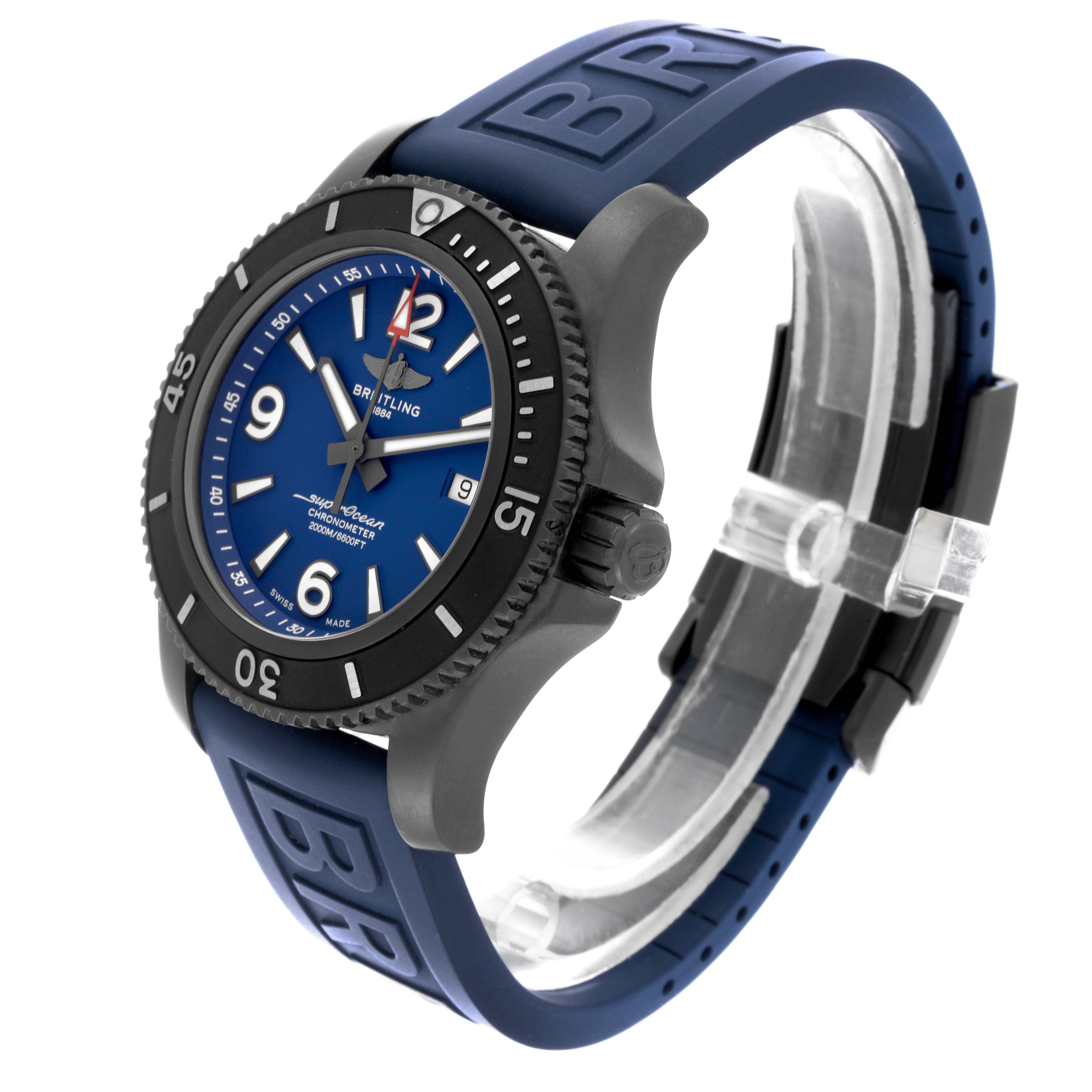 The Breitling Superocean M17368 Men's Stainless Steel Blue Dial watch is shown at a three-quarter angle, displaying the case, dial, bezel, and strap.