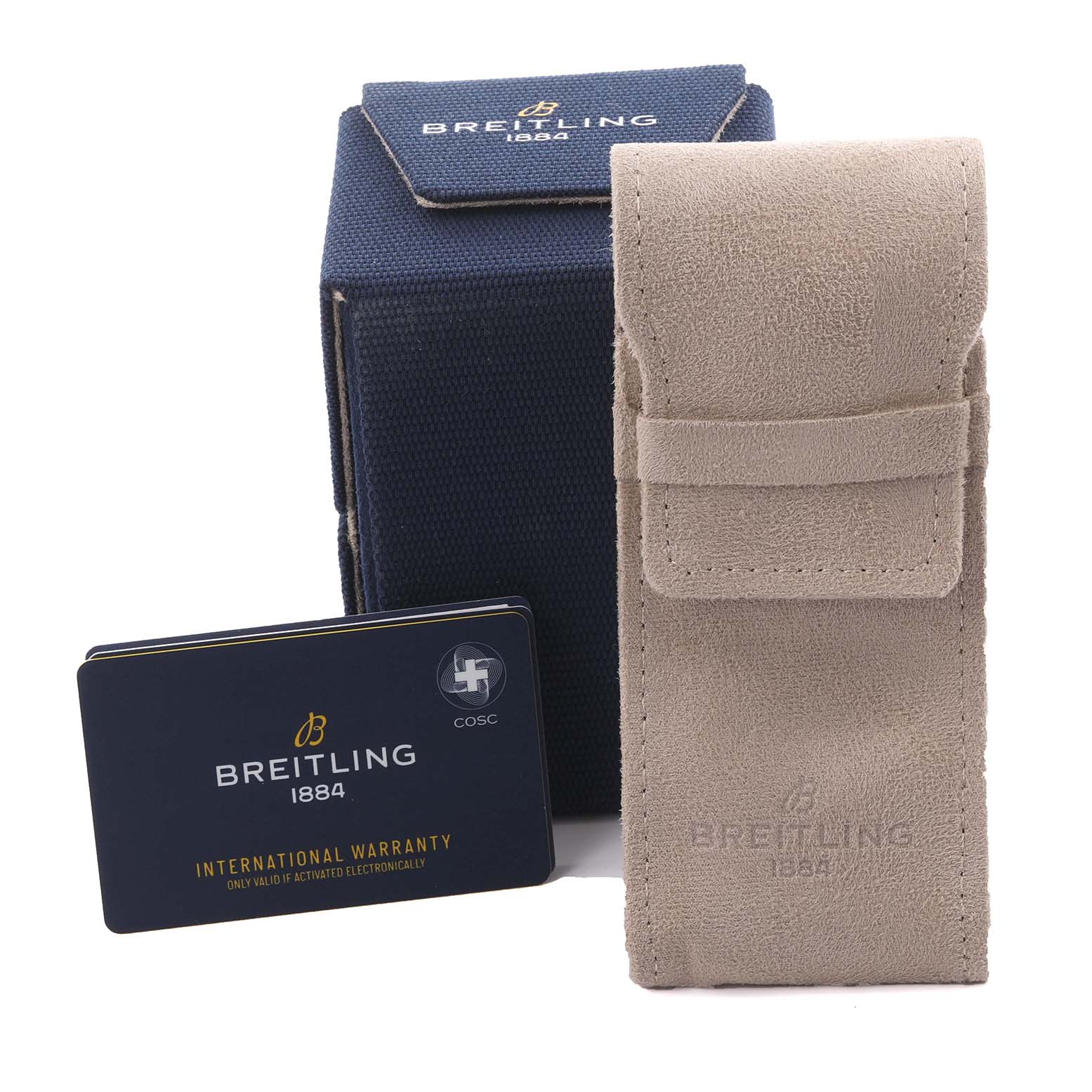 The image shows a Breitling Superocean M17368 Men
s Stainless Steel Blue Dial M17368 Men
s Stainless Steel Blue Dial watch box, pouch, and warranty card from a front angle.