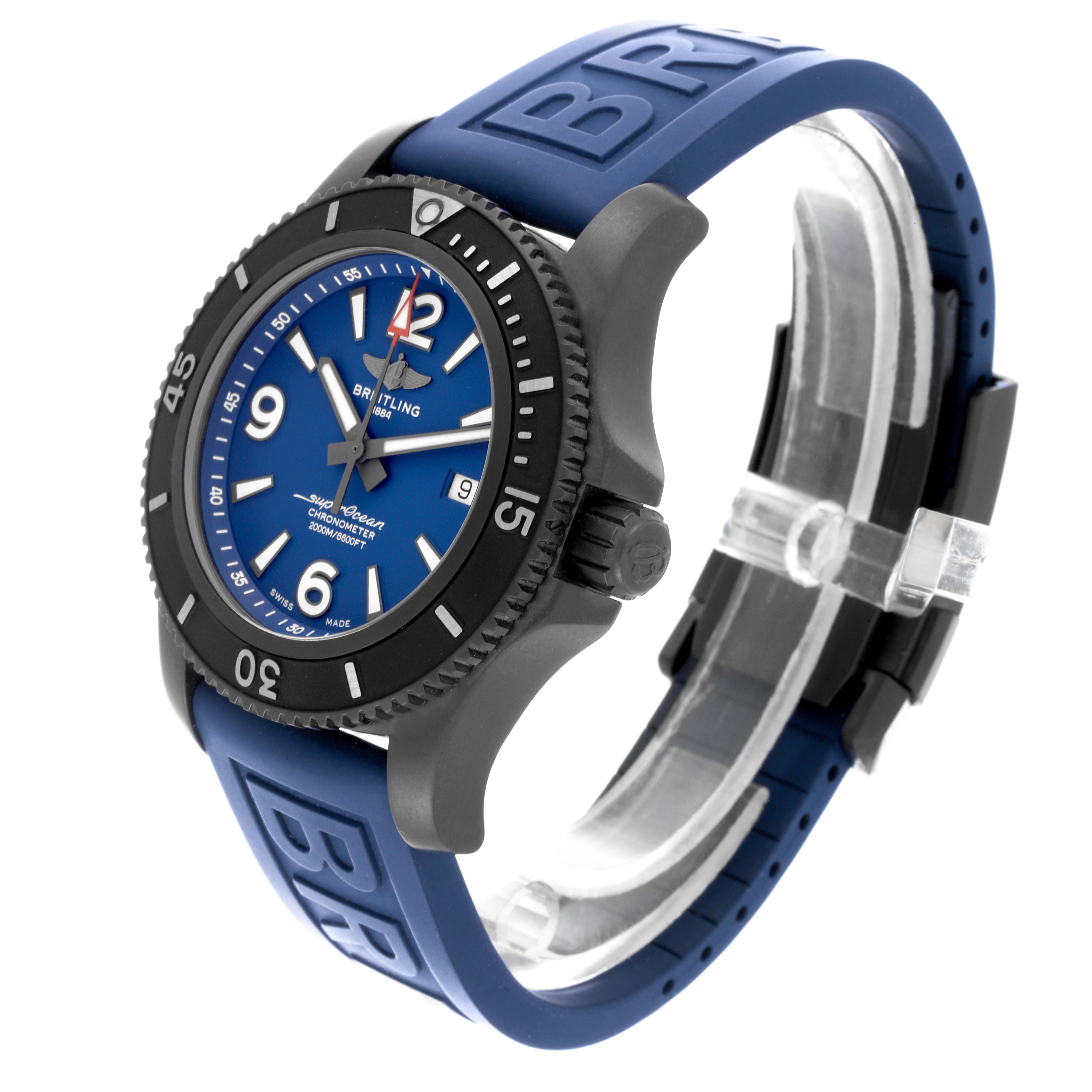 The image shows a Breitling Superocean M17368 Men
s Stainless Steel Blue Dial M17368 Men
s Stainless Steel Blue Dial watch at a three-quarter angle, highlighting the dial, bezel, and blue strap.