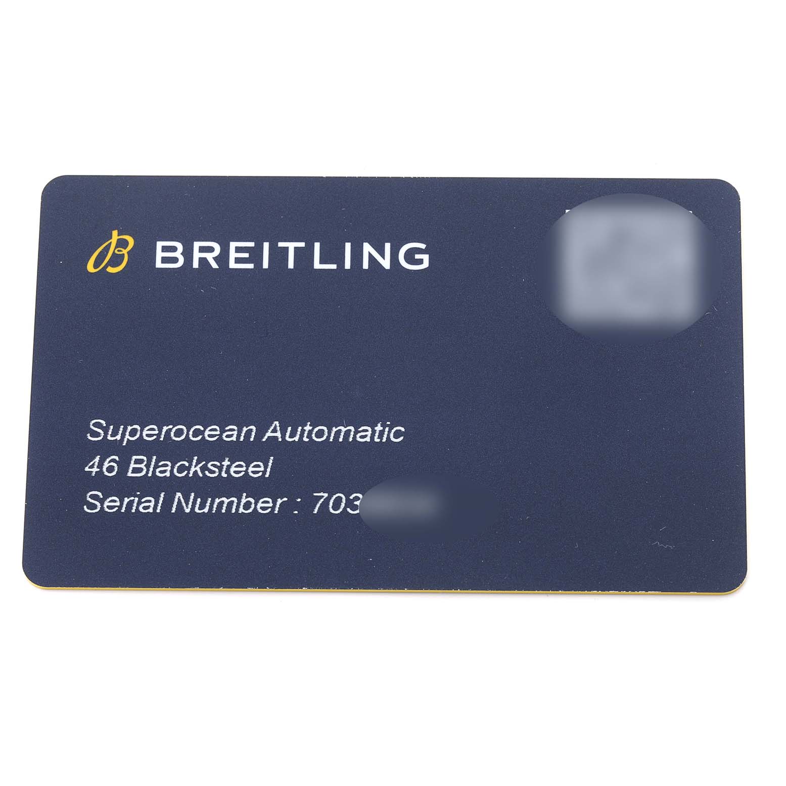 The image shows a Breitling Superocean M17368 Men
s Stainless Steel Blue Dial M17368 Men
s Stainless Steel Blue Dial Automatic warranty card with model and serial information.