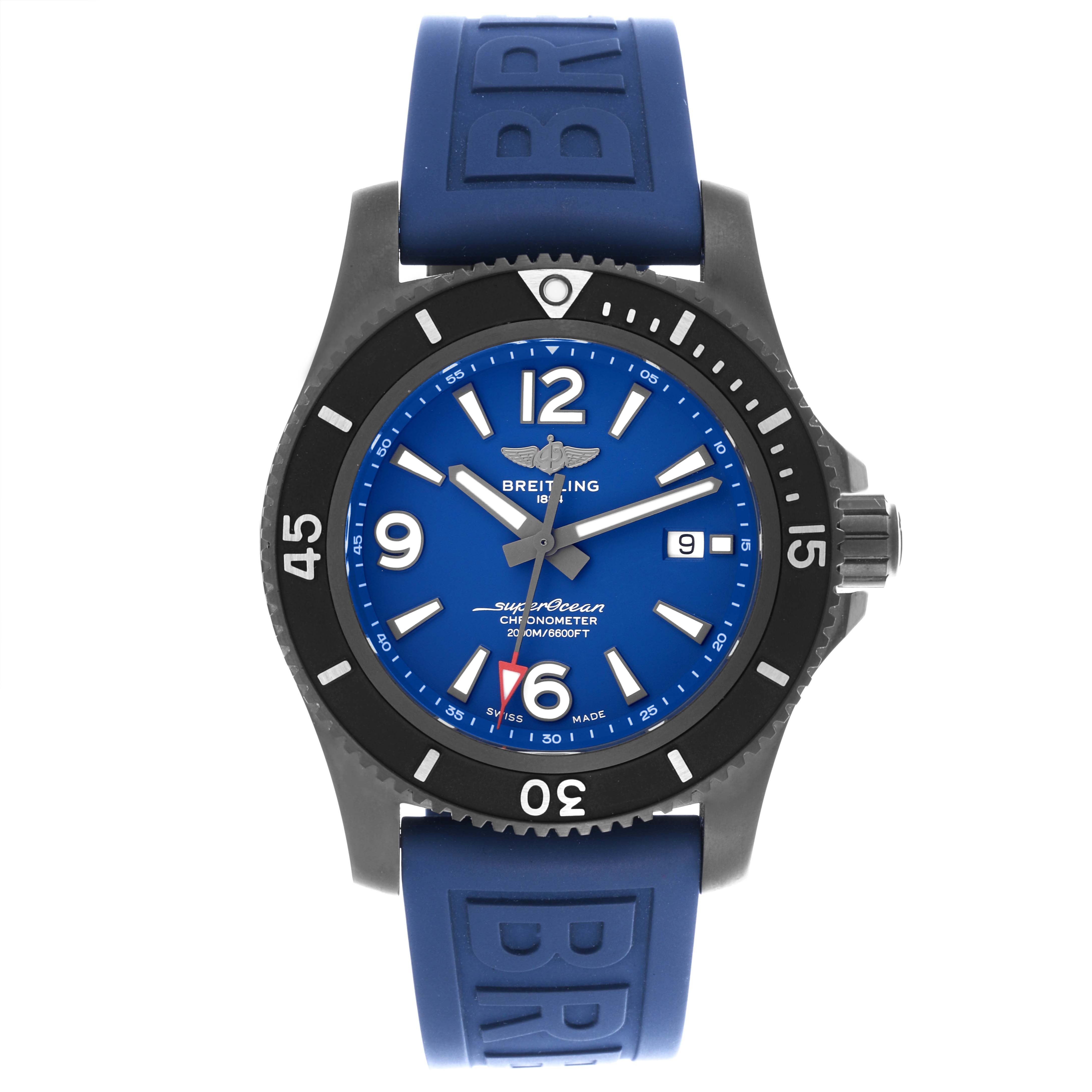 The Breitling Superocean M17368 Men
s Stainless Steel Blue Dial M17368 Men
s Stainless Steel Blue Dial watch is shown from the front, displaying its blue dial, bezel, and rubber strap.