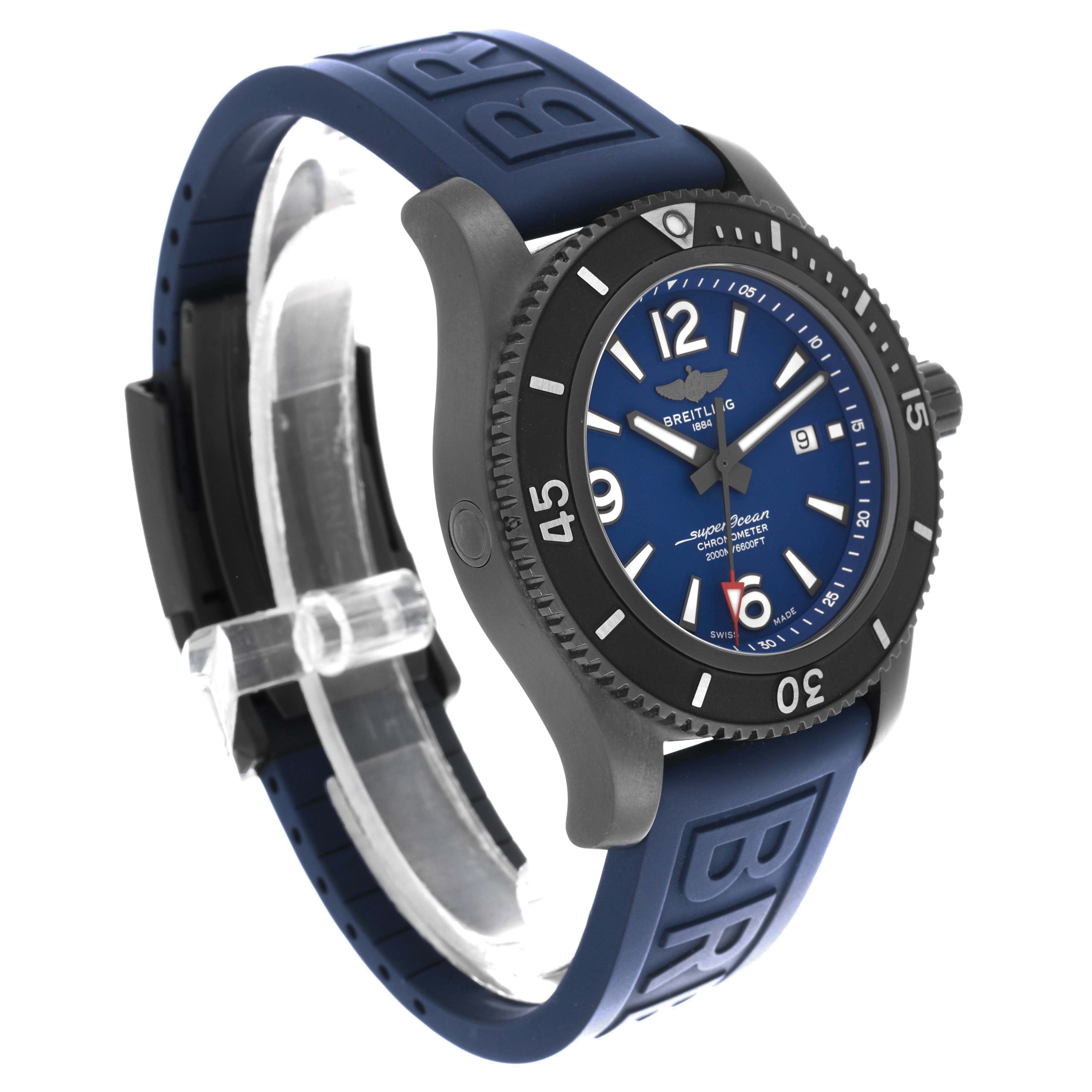 The Breitling Superocean M17368 Men's Stainless Steel Blue Dial watch is shown at an oblique angle, highlighting the blue dial, bezel, and blue strap.