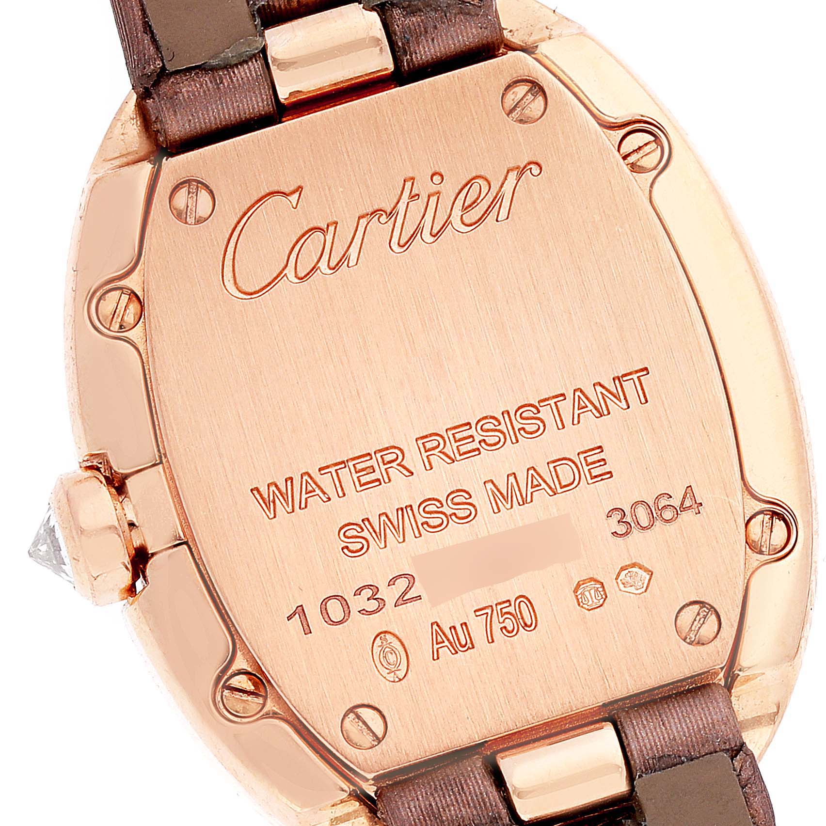 This image shows the back case of a Cartier Baignoire WB520004 Women's Rose Gold Silver Dial WB520004 Women's Rose Gold Silver Dial watch including engravings about water resistance and material details.