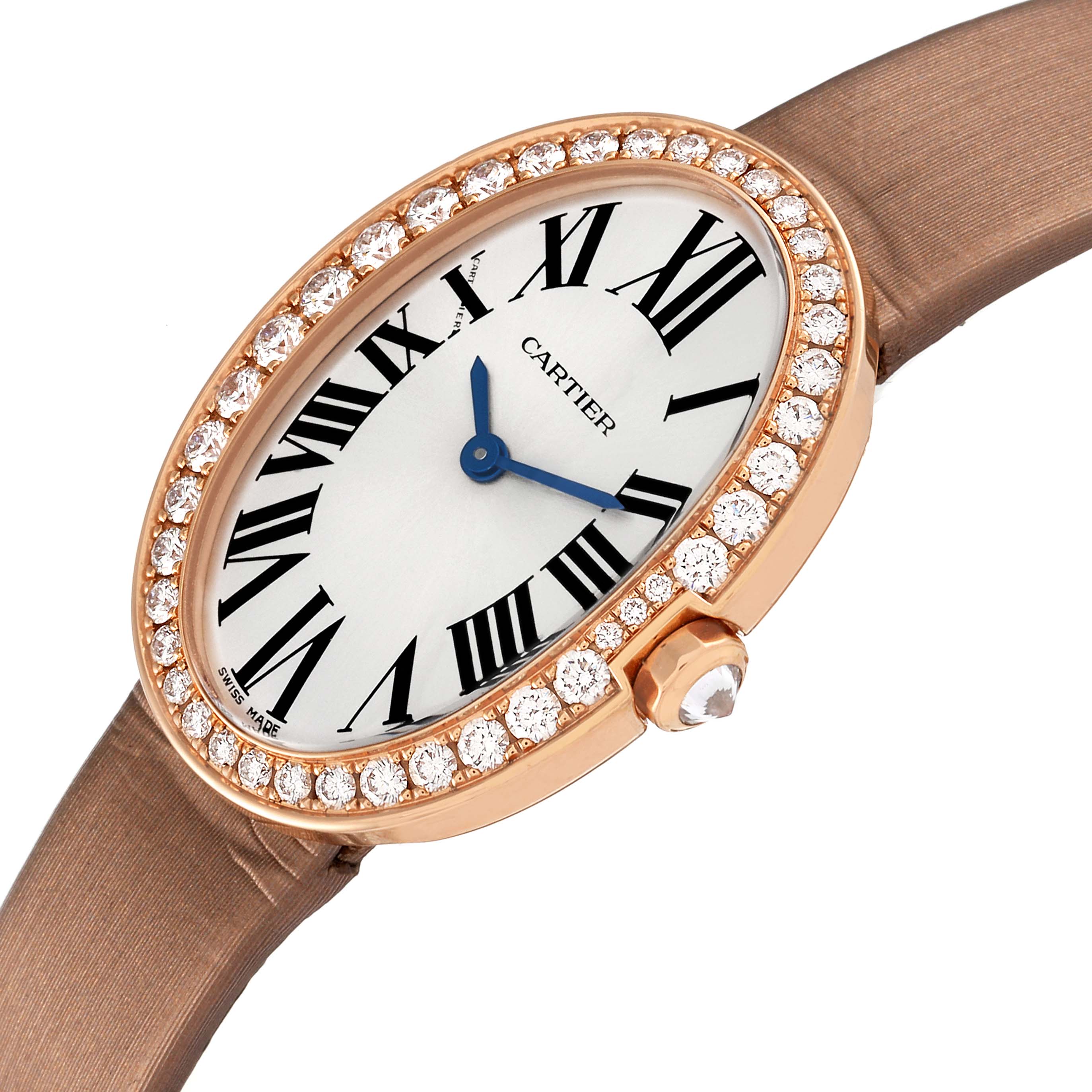 The image shows a close-up, angled view of the Cartier Baignoire WB520004 Women's Rose Gold Silver Dial WB520004 Women's Rose Gold Silver Dial watch, highlighting its oval dial, diamond bezel, and brown strap.