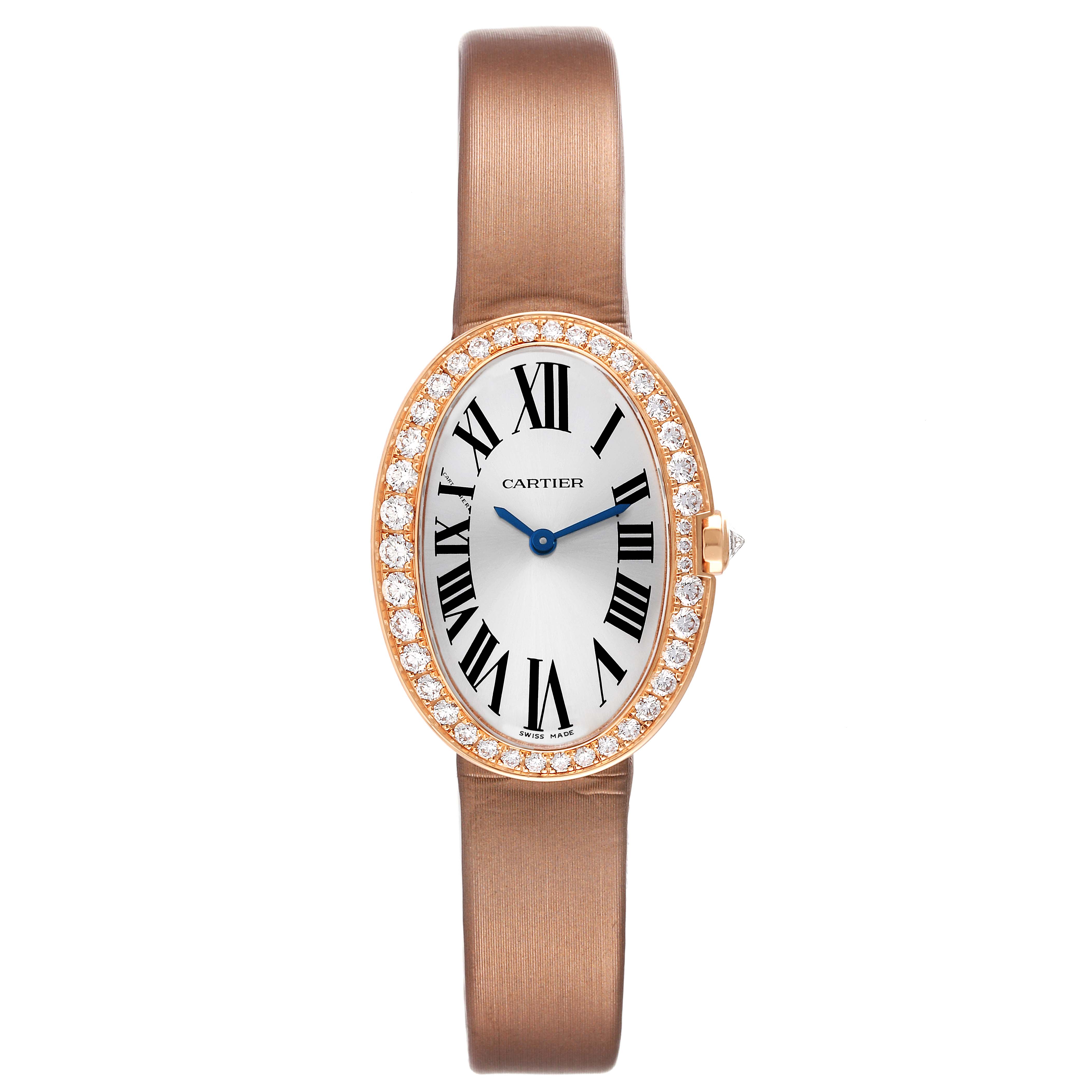 This image shows a front view of a Cartier Baignoire WB520004 Women's Rose Gold Silver Dial WB520004 Women's Rose Gold Silver Dial watch, highlighting its oval face with Roman numerals and diamond-encrusted bezel.