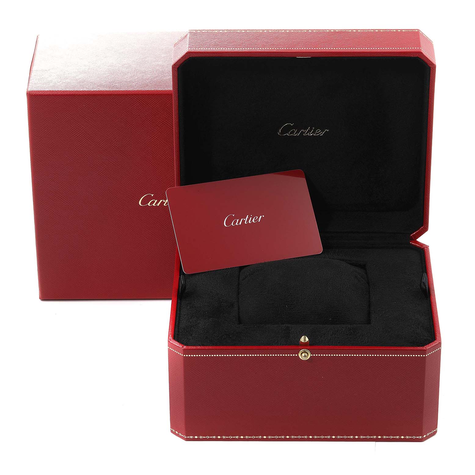 The image shows an open Cartier Baignoire WB520004 Women's Rose Gold Silver Dial WB520004 Women's Rose Gold Silver Dial watch box with a cushion and a card inside.