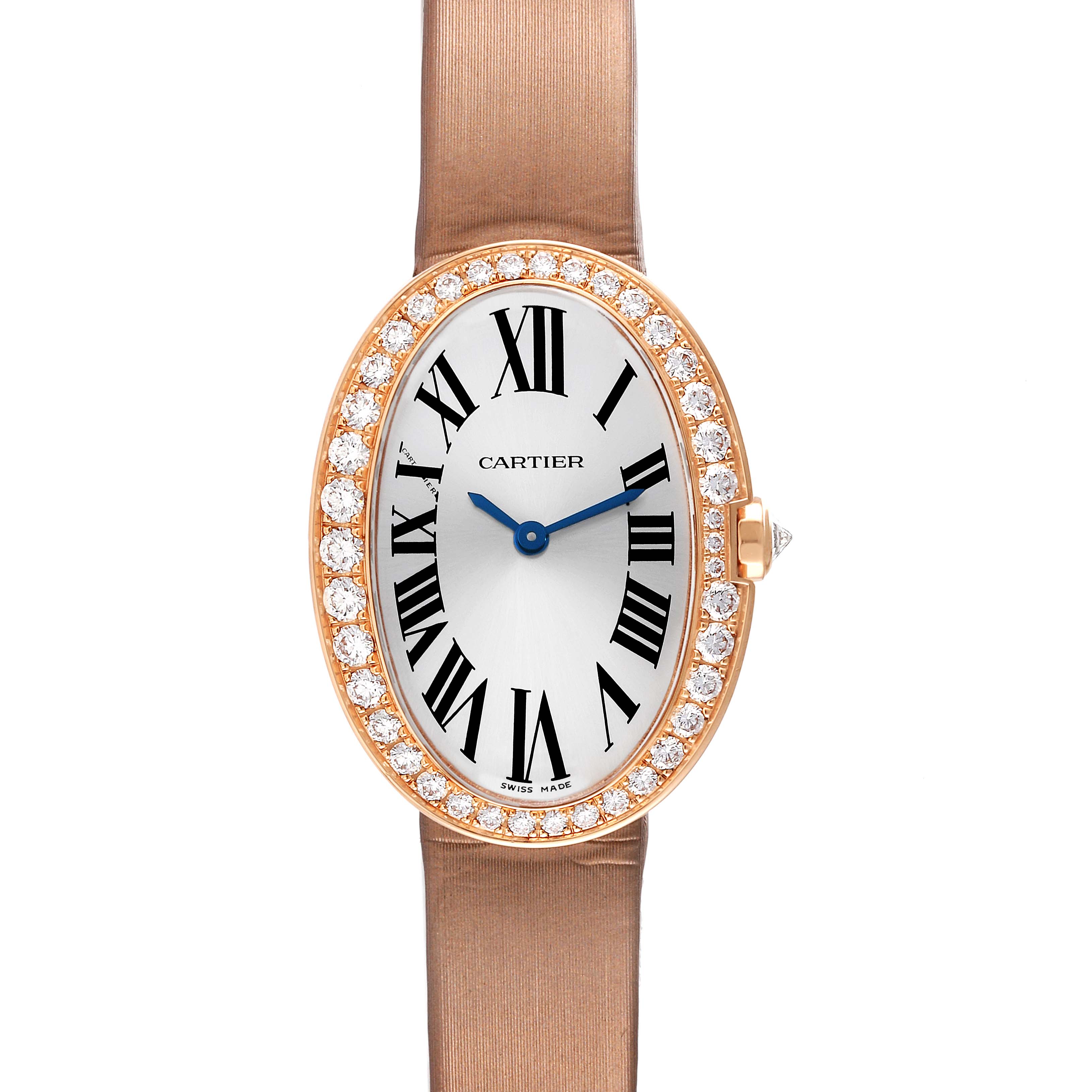This image shows the front view of a Cartier Baignoire WB520004 Women's Rose Gold Silver Dial WB520004 Women's Rose Gold Silver Dial watch, highlighting its oval dial, diamond bezel, and leather strap.