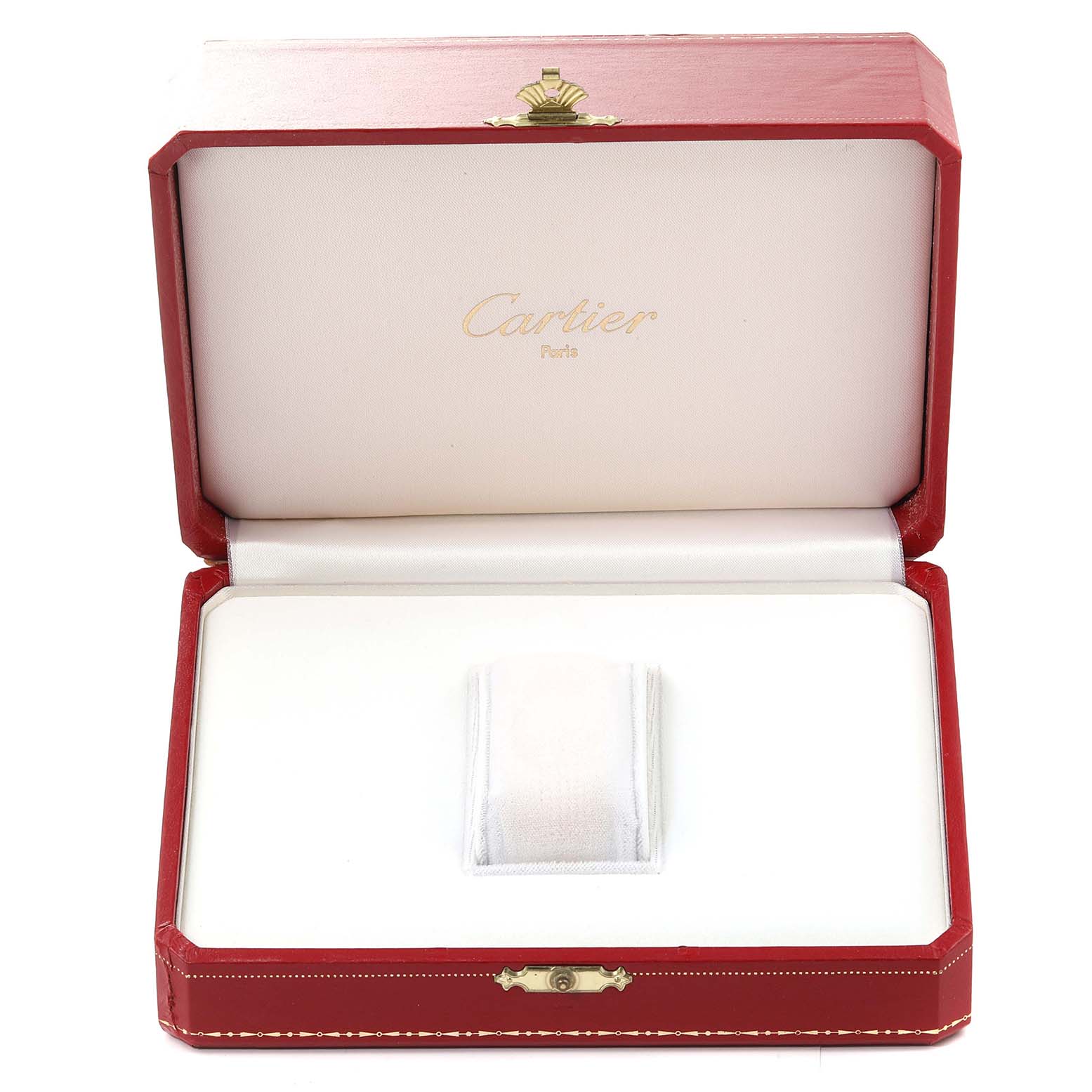 The image shows an open red Cartier Cle WGCL0003 Men's Yellow Gold Blue Dial WGCL0003 Men's Yellow Gold Blue Dial watch box from a top angle, with no watch inside.