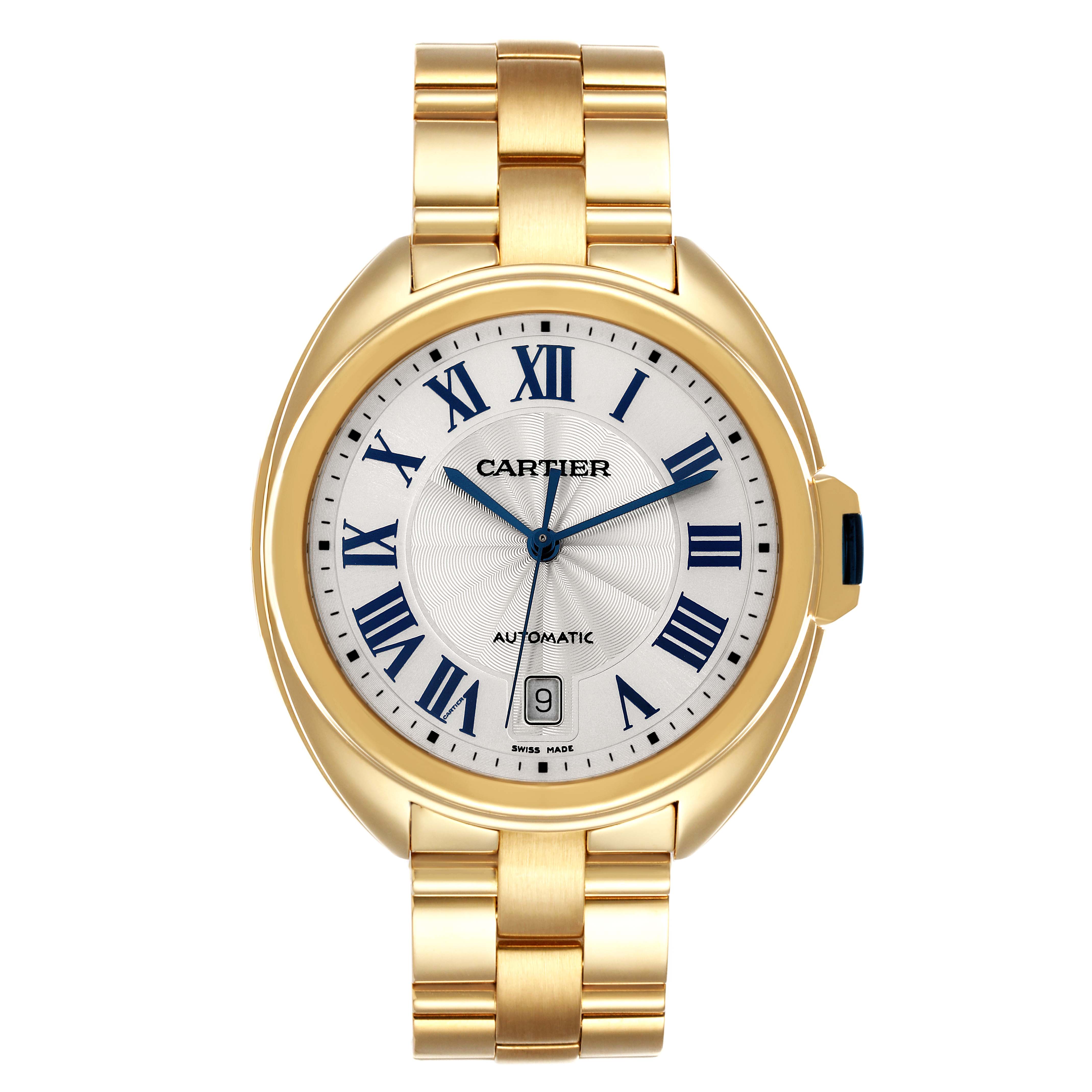 The image shows a front view of a Cartier Cle WGCL0003 Men's Yellow Gold Blue Dial WGCL0003 Men's Yellow Gold Blue Dial model watch, displaying the face, bracelet, and crown.